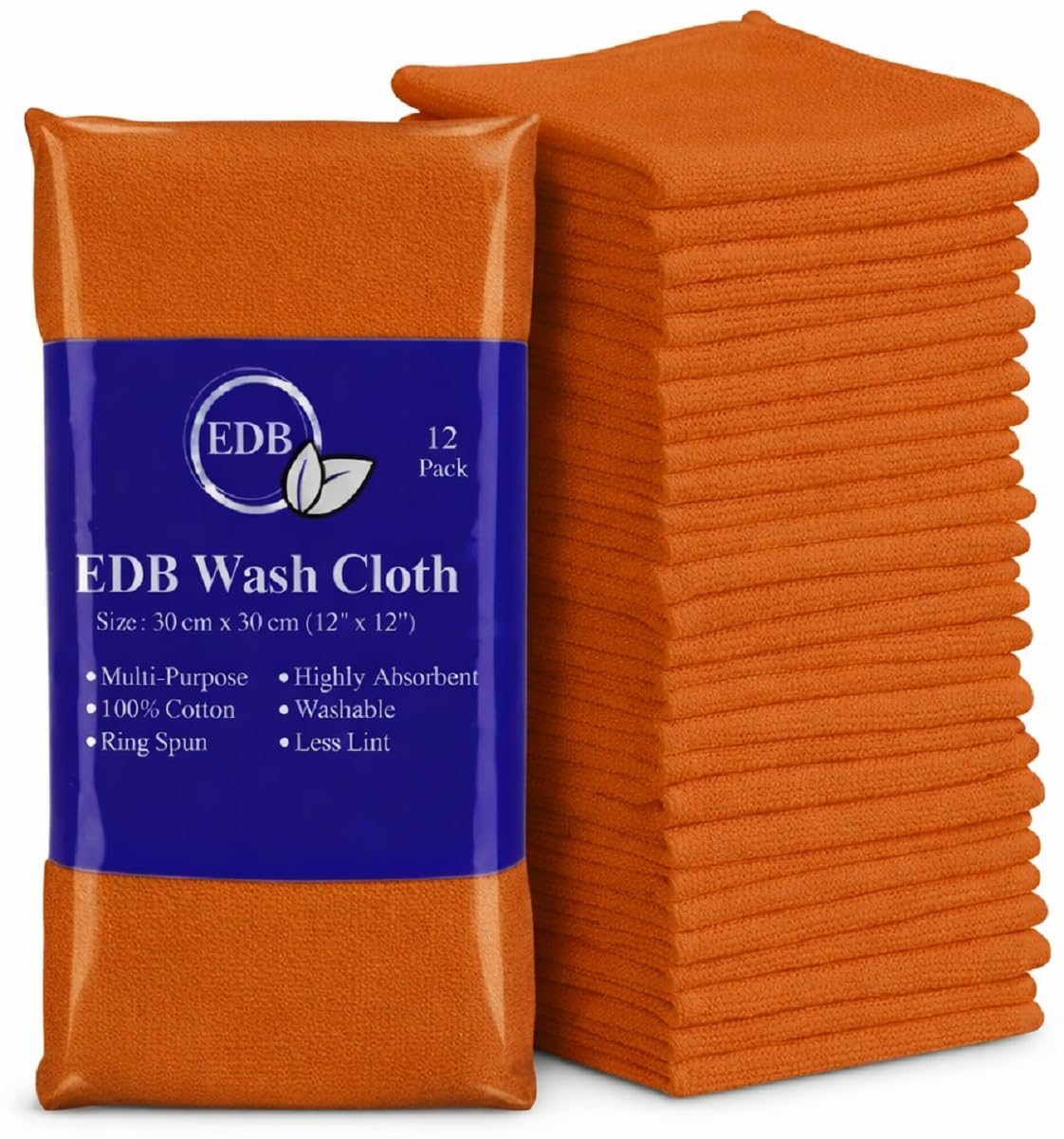 EDB 12 Piece Cotton Washcloths Set (500 GSM) Flannel Face Cloths (30cm x 30cm) Highly Absorbent Fingertip Towels 100% Soft Cotton Hotel Quality (12, Orange)