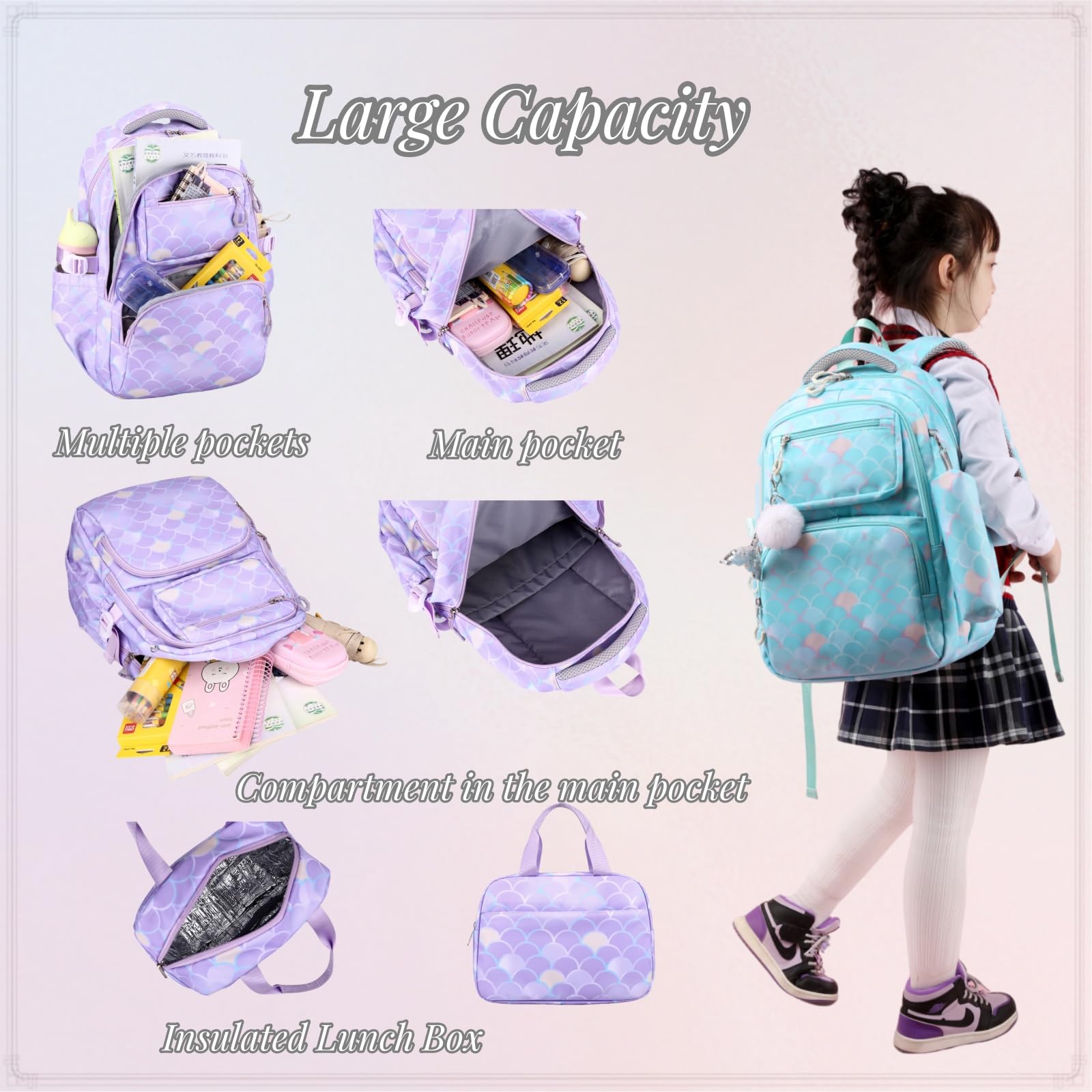 VIDOSCLA Zaino scolastico per bambini e ragazze, borsa per libri per studenti elementari, borsa colorata per la scuola per ragazze, A07# Blu, L