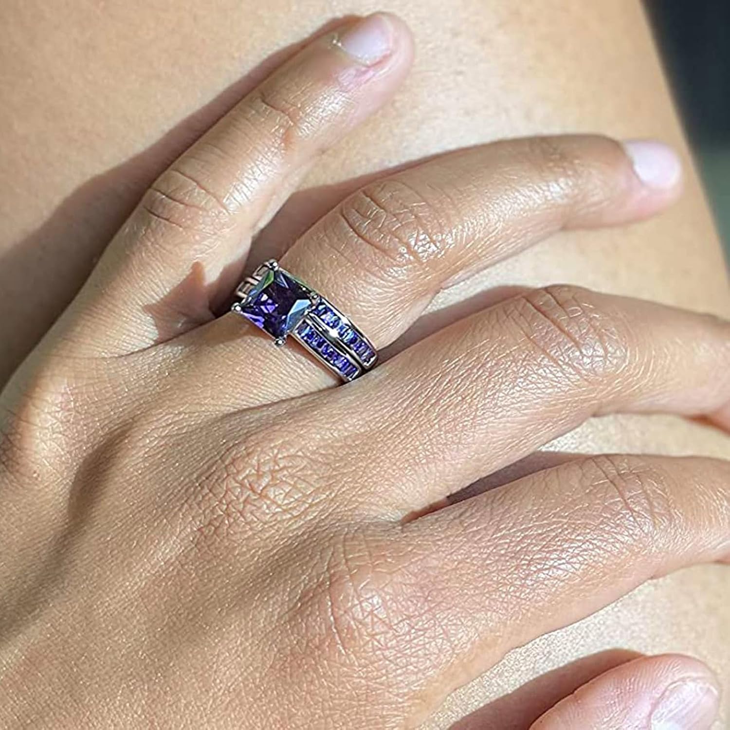 SHELOVES Women Black Gold Plated Wedding Rings Purple Amethyst Princess Cz Engagement Ring Sets 7.5