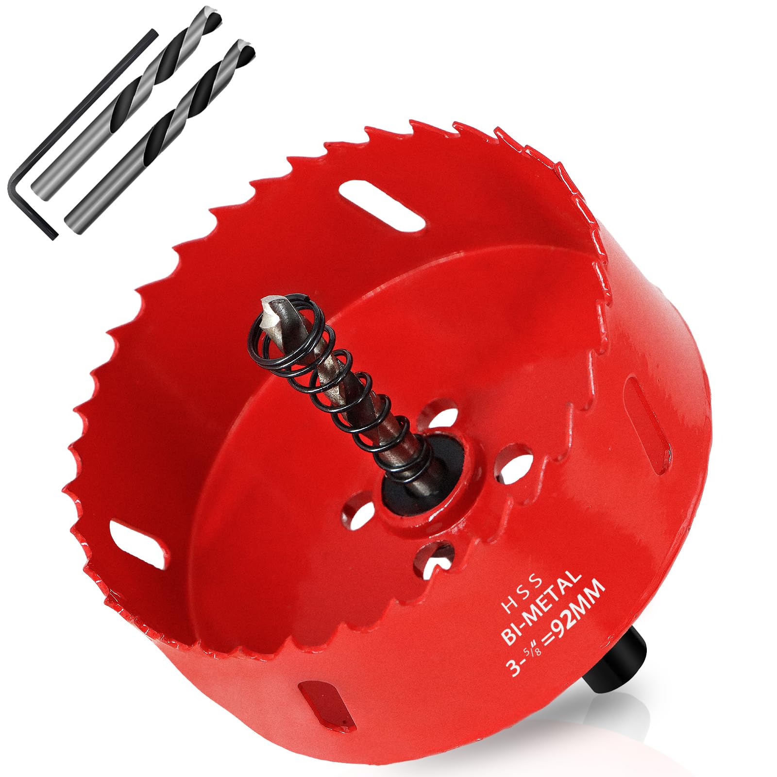 Corona perforadora bimetálica de 92 mm, M42 HSS, con adaptador de vástago triangular y broca de centrado, para madera, metal blando, plástico, vidrio, azulejo, cerámica
