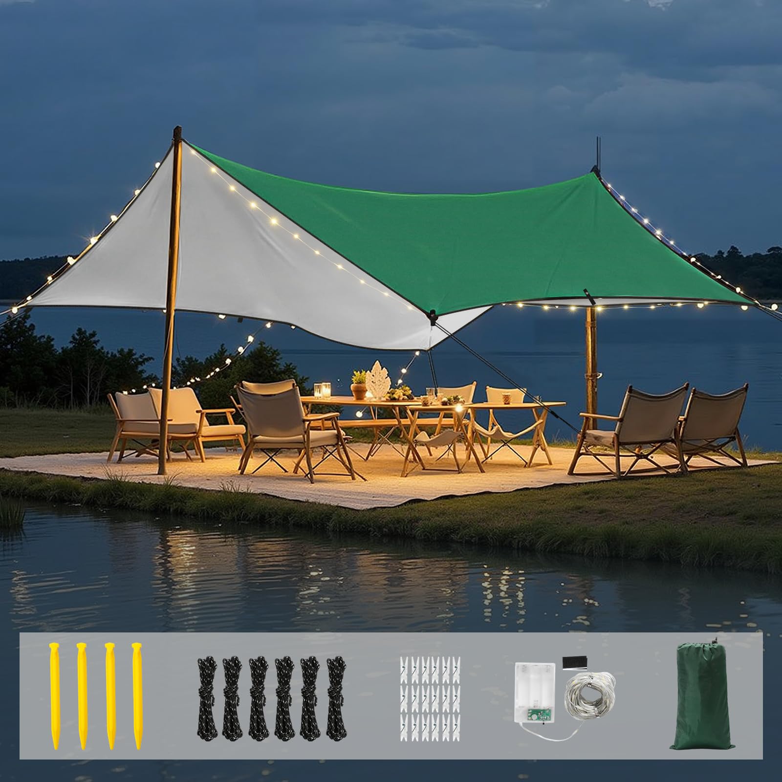 Rhino Valley Bâche de Camping Imperméable, 3x3M Grand Abri Extérieur avec Cordes Légères, Abri Léger Portatif Taud de Pluie Taud de Camping pour Randonnée Voyage Sac à Dos, Vert
