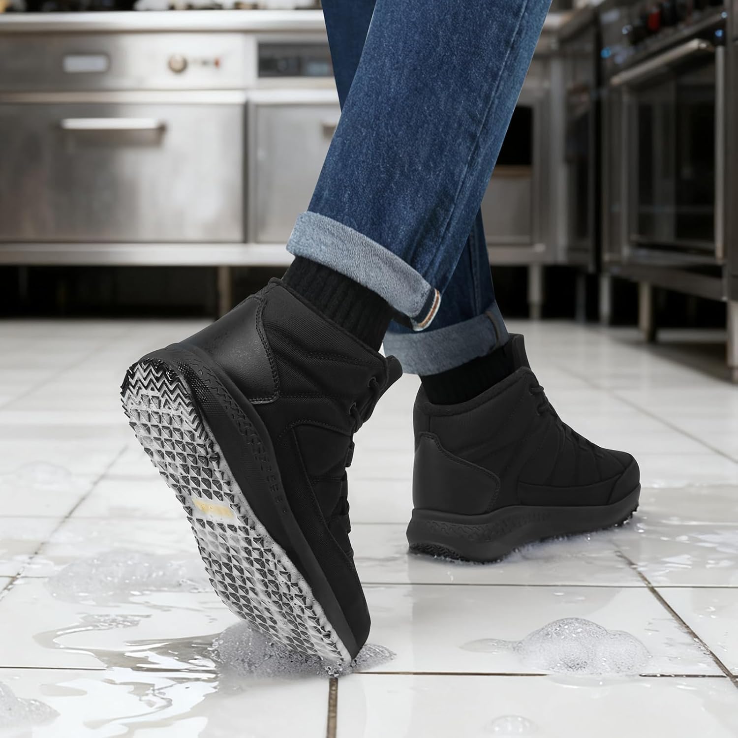 Non Slip Work Boots for Men Slip Resistant Shoes for Chef Kitchen Restaurant Food Service Working Waterproof Ankle Boot Cotton-Padded Outdoor Walking Sneakers - Image 2