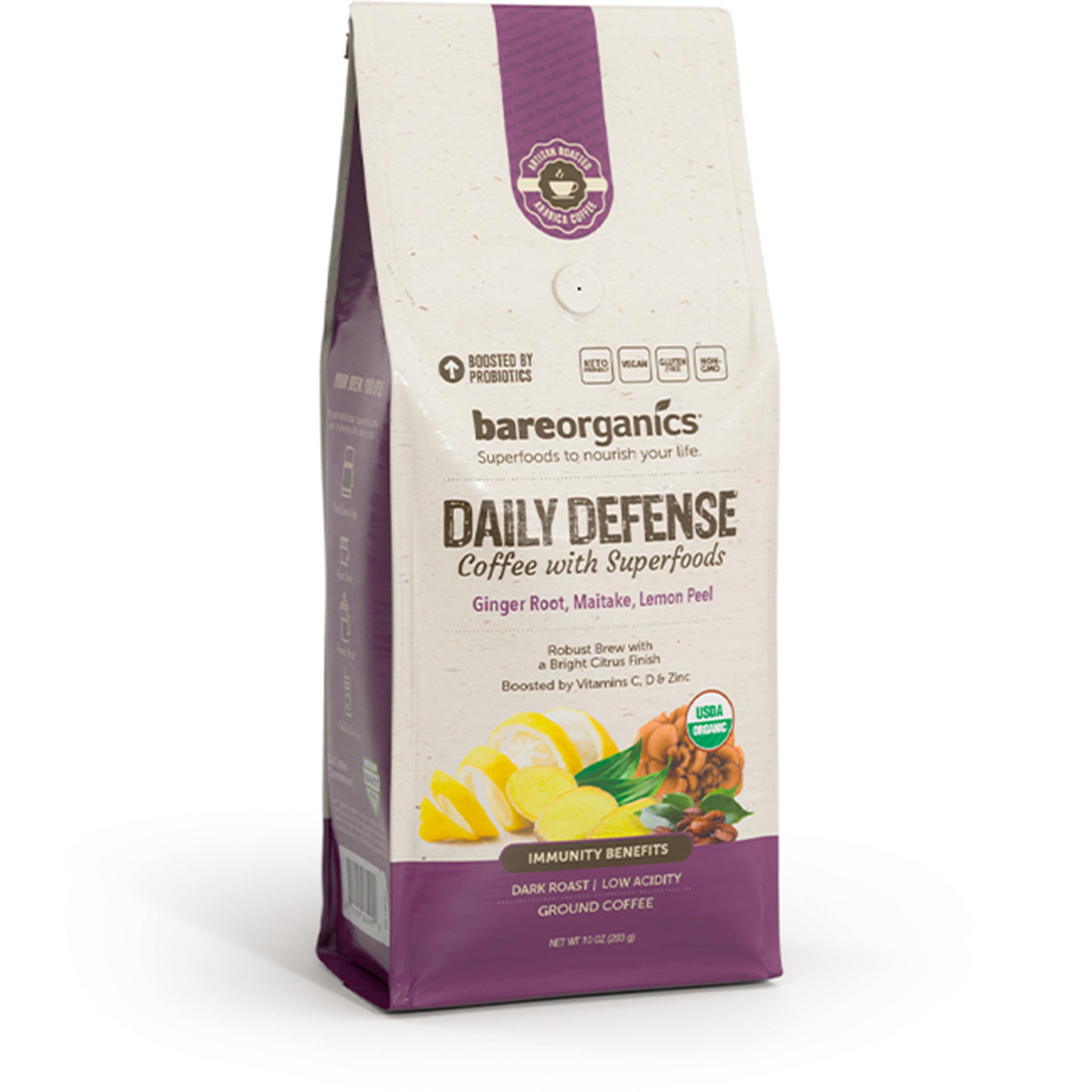 Daily Defense Organic Ground Bagged Coffee – Coffee with Maitake, Ginger Root, Lemon Peel & Superfoods – Healthy Mold Free Probiotic beverage, Vegan, Gluten Free - 10 oz