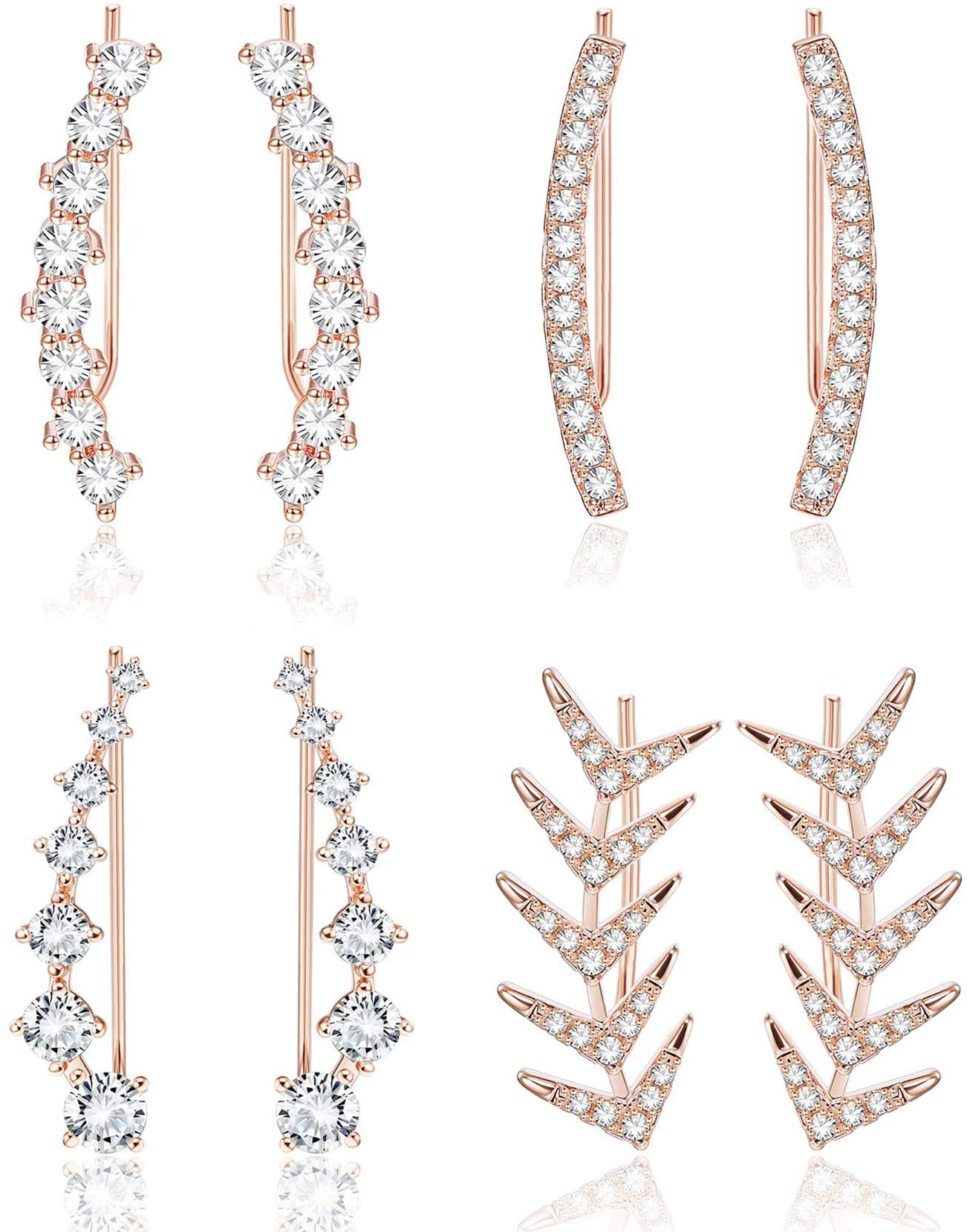 Finrezio 4 Pairs Rose Gold Plated Crystal Climber Earrings for Women Gift Ear Cuffs Hoop Stud Ear Climber Jackets Hypoallergenic