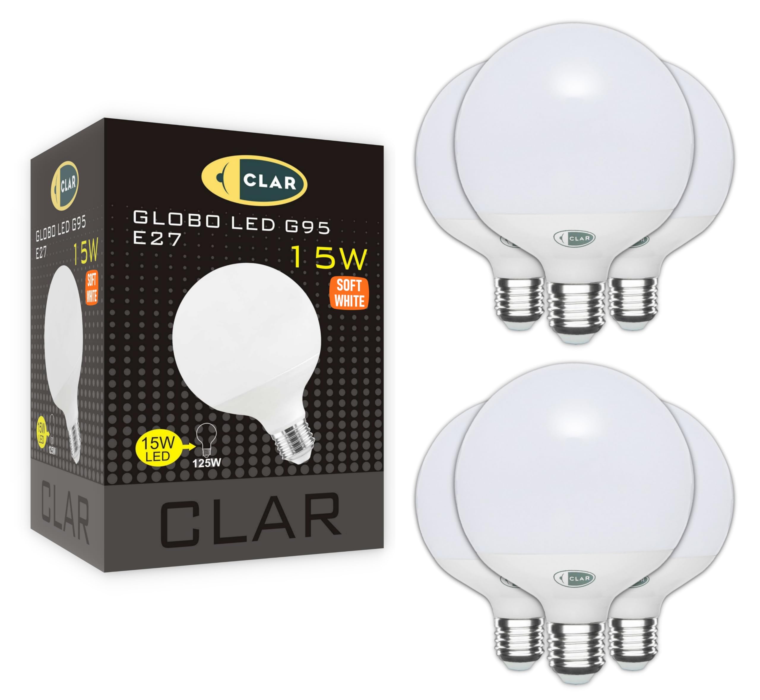 CLAR - Lampadina Led E27 Sfera Grande, Globo, E27 LED 3000K 15W (Pack 6)