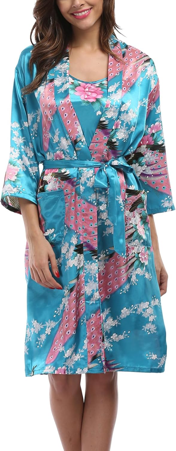 Women's Satin Nightgown with Robes Set 2 Piece Sleepwear Sexy Slip Gown Pajamas Set Silky Cami Nightwear - Image 4