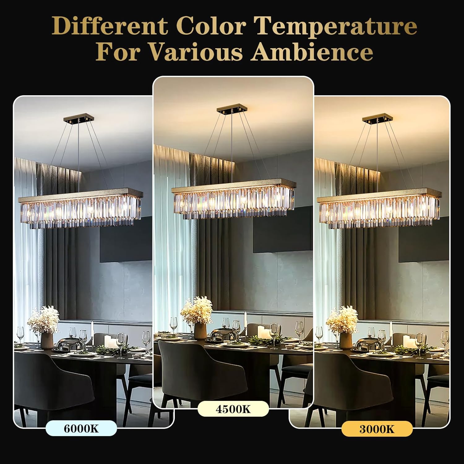 40" Rectangle Modern Crystal Gold Chandelier for Dining Room Over Table, 8-Light Pendant Light Fixture with Hand-Hammered Metal Frame for Kitchen Island
