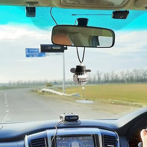 Miniatura 6 de Accesorio de bola de discoteca para automóvil, adorno de espejo de coche de bola de discoteca, sombrero de vaquero de bola de discoteca, decoración