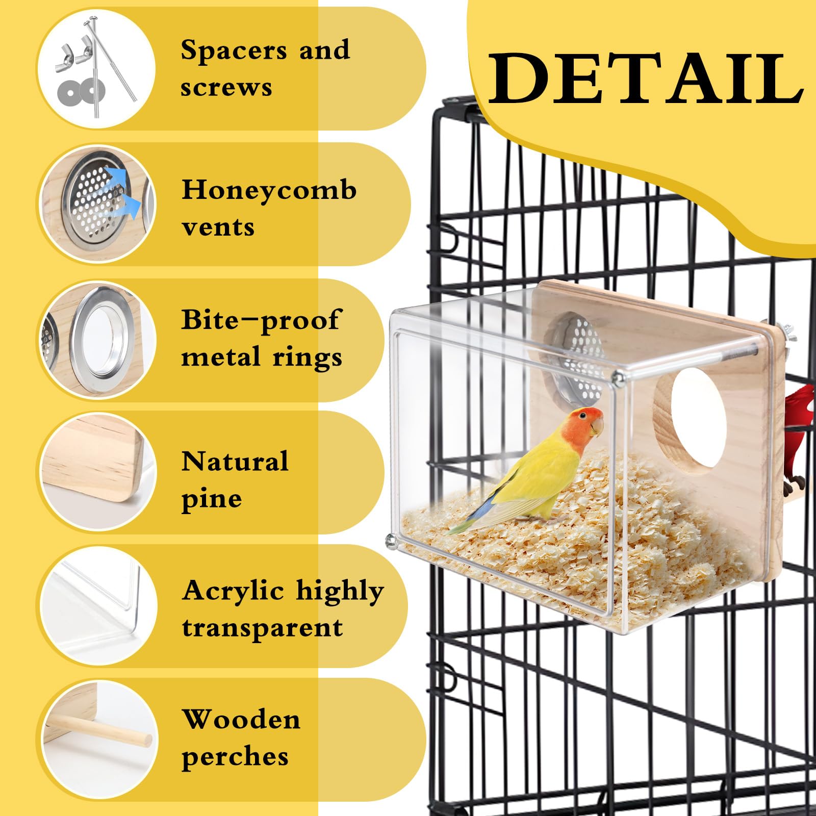 Nichoir pour cage à perruches en PET hautement transparent - Nichoir polyvalent pour canaris, inséparables et perroquets - Avec perchoir en bois - Accessoires de cage à oiseaux (taille S)