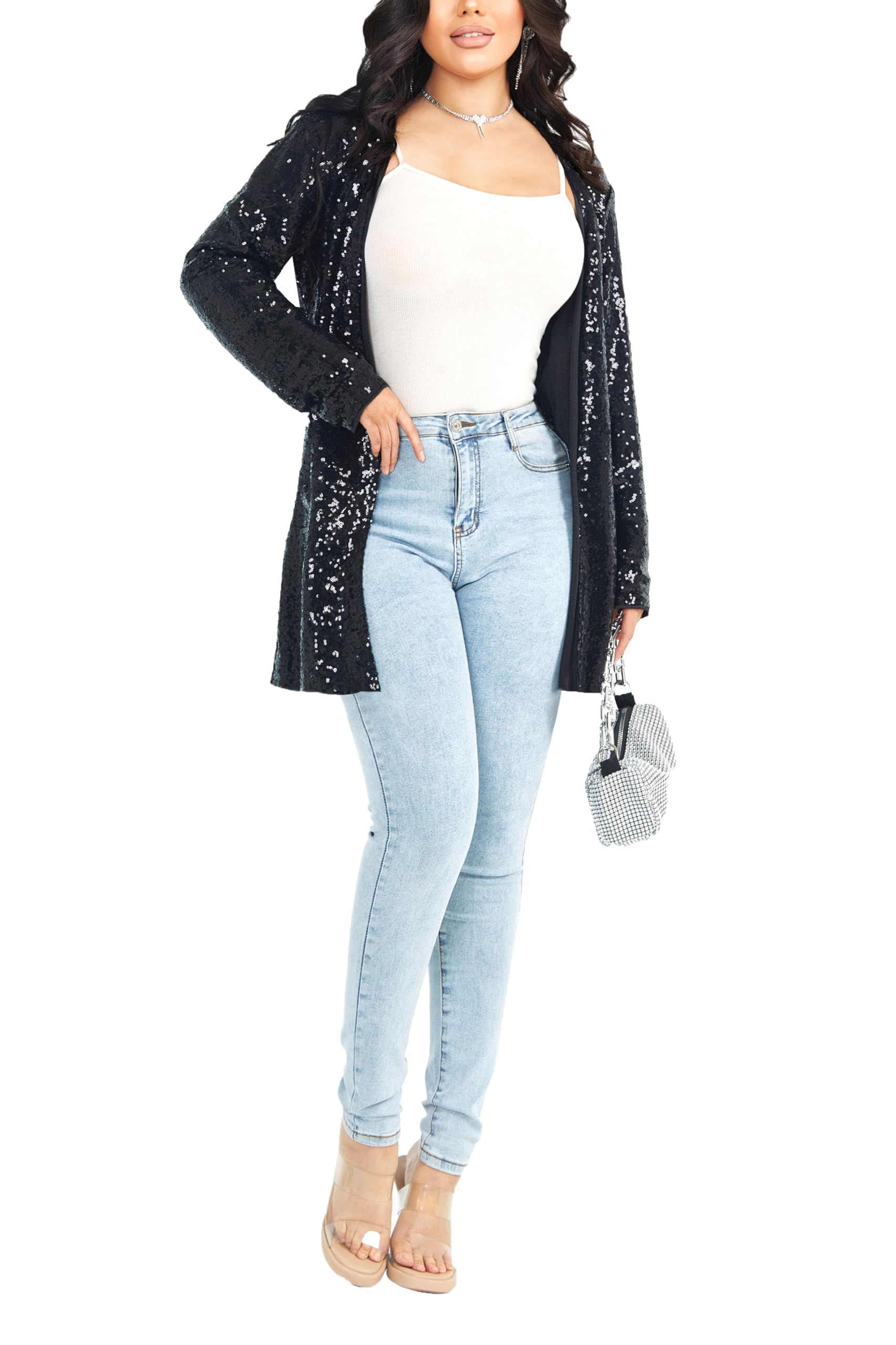 Ladies Glitter Giacca Glitter Blazer Elegante Frontale Aperto Maniche Lunge Glitter Cardigan Festiva Giacca a Maglia Party Club