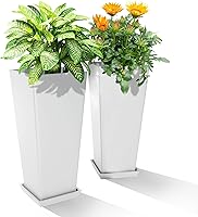 YESUNEED 24" Tall Outdoor Planters, Set of 2 Large White Planters with Drainage Hole & Self-Watering for Porch Patio Decor