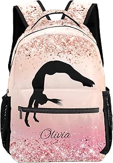 NZOOHY Gymnast Girl Pink Glitter Personalized Kids School Backpack Custom Name for Boys Girls Primary Daypack Bookbag Travel Bag