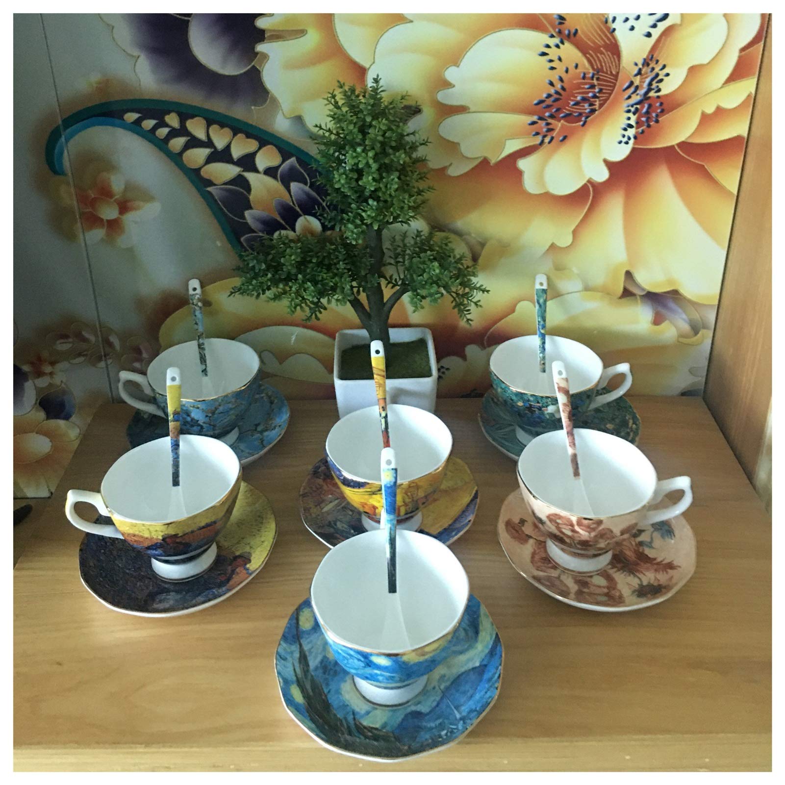 Juego de Tazas de Cafe,Taza de Té y Plato El Cielo Estrellado, café de la Noche, el sembrador, Girasoles, los Lirios, Tulipanes Que pintan Arte Albaricoque café Tazas de té(N 6 Set)
