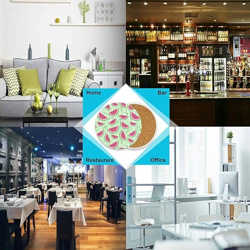 Miniatura 3 de visesunny Posavasos de piedra con estampado de sandía rosa que absorbe la humedad con base de corcho para protección de mesa para evitar daños en