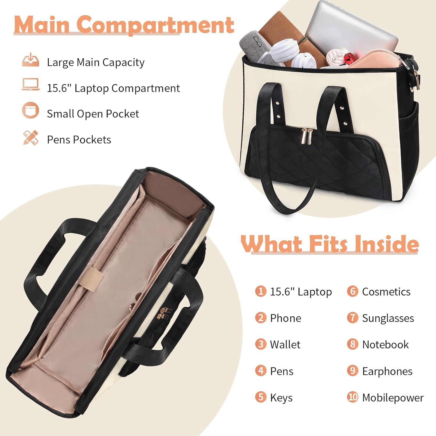 Jetviivid Lunch Tote Bag for Women, 15.6 Inch Laptop Bag with Insulated Lunch Compartment & Cup Holder for Work, Office,Teacher,College, Daily, Black&White - Image 3