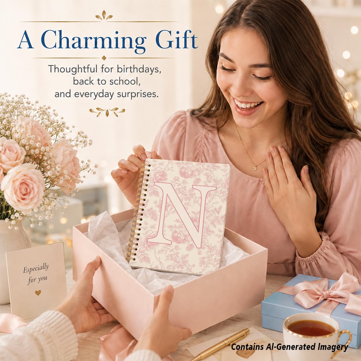 Taccuino con iniziale rosa ricamato N, diario per insegnanti, quaderno estetico, monogramma personalizzato regalo di cancelleria per donne, materiale scolastico preppy per ragazze, 14 x 20