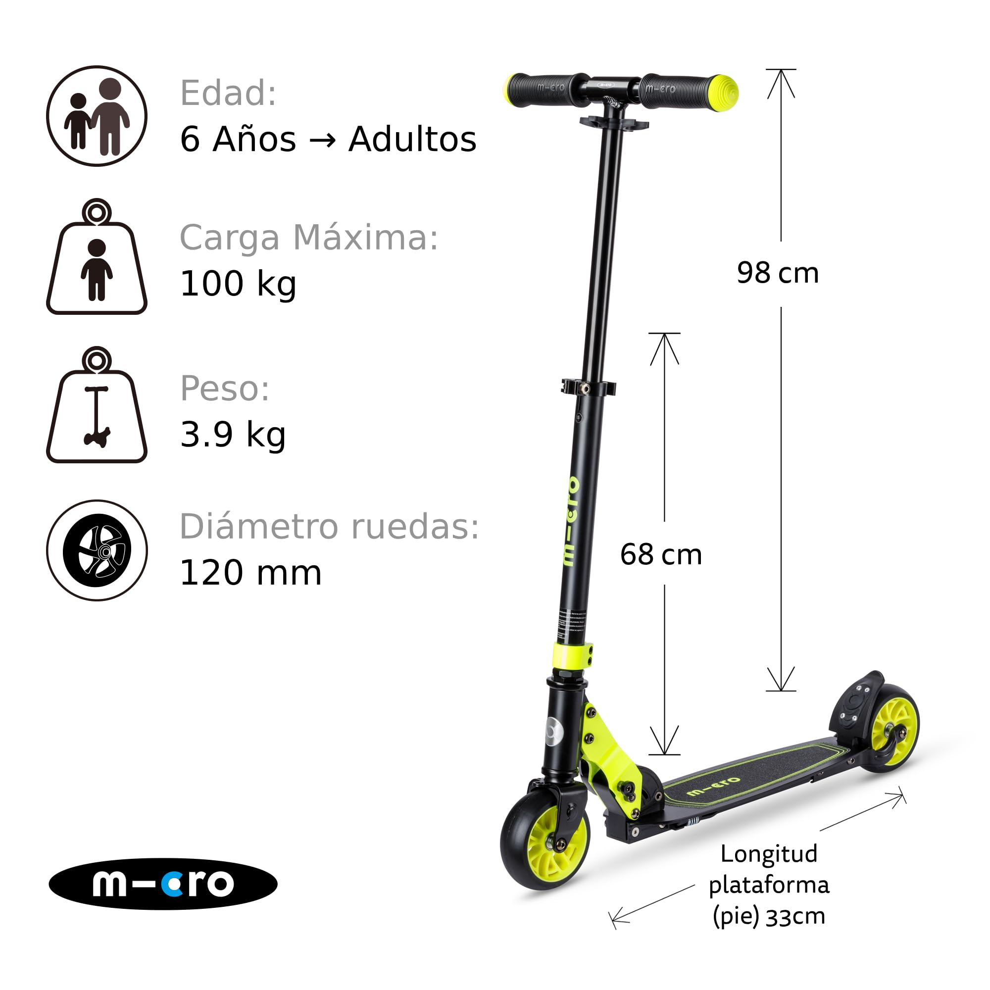 Micro® Rocket | Patinete de 2 Ruedas Extra Anchas 120 mm| Mayor Estabilidad | Scooter de Aluminio Plegable | Altura Ajustable 66 a 96 cm| Pata de Cabra | Ligero 3,85kg | Adolescentes y Adultos