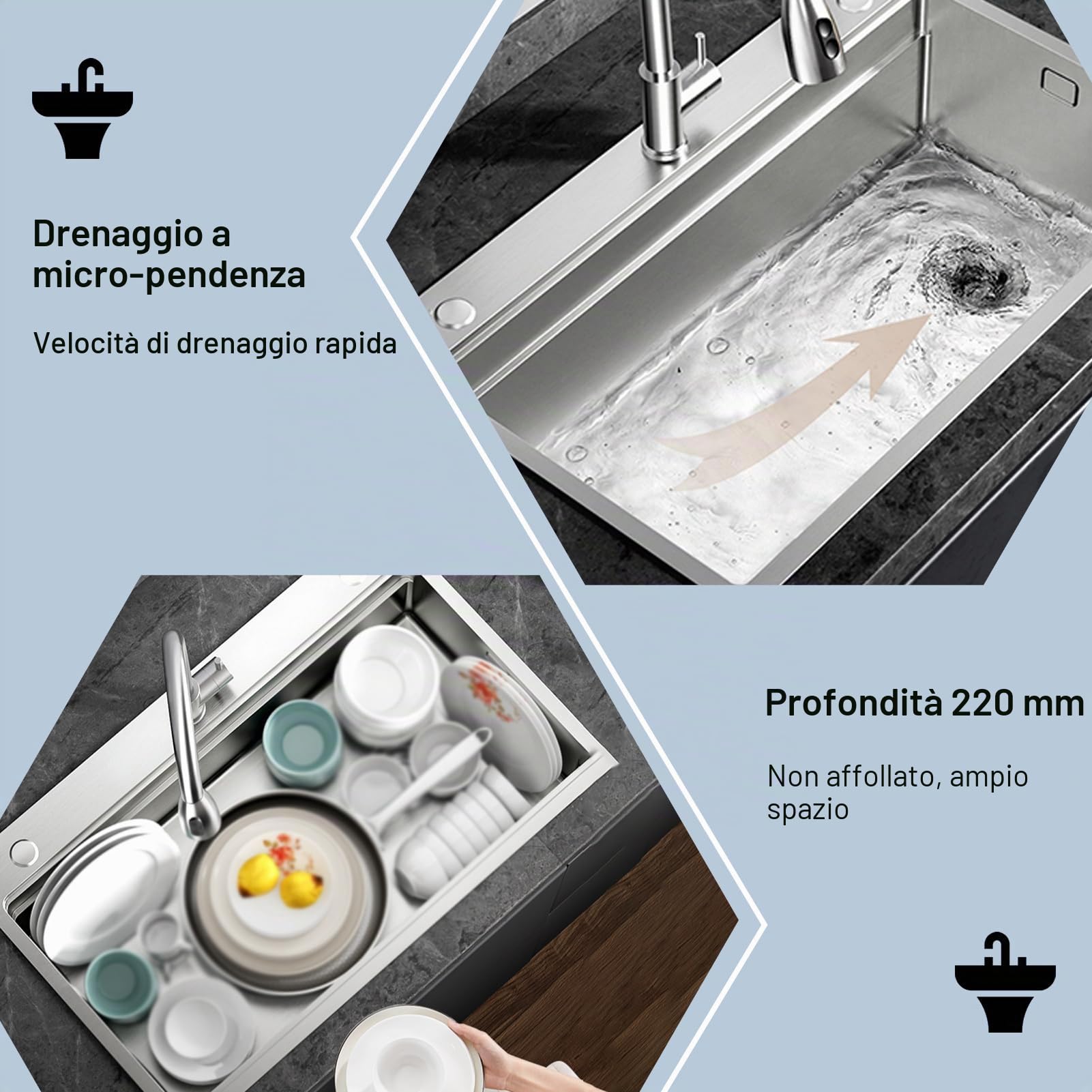 80x50CM Lavello da Cucina Nero in Acciaio Inox 304SUS, 1 Bacino Lavello da Incasso, Lavello da Cucina in Acciaio Inox Rettangolare, Con Sgocciolatoio, Gruppo Di Scarico E Kit Di Trabocco Per