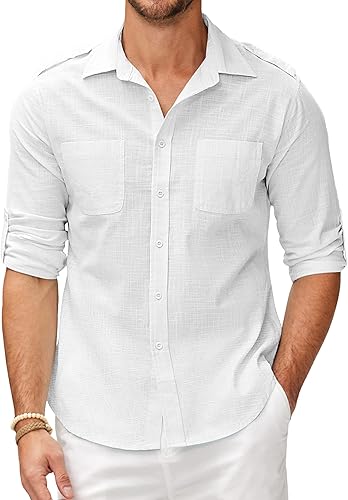 COOFANDY Camisa de algodón y lino para hombre, manga larga, casual, con botones, para verano, playa, camisetas lisas con bolsillos