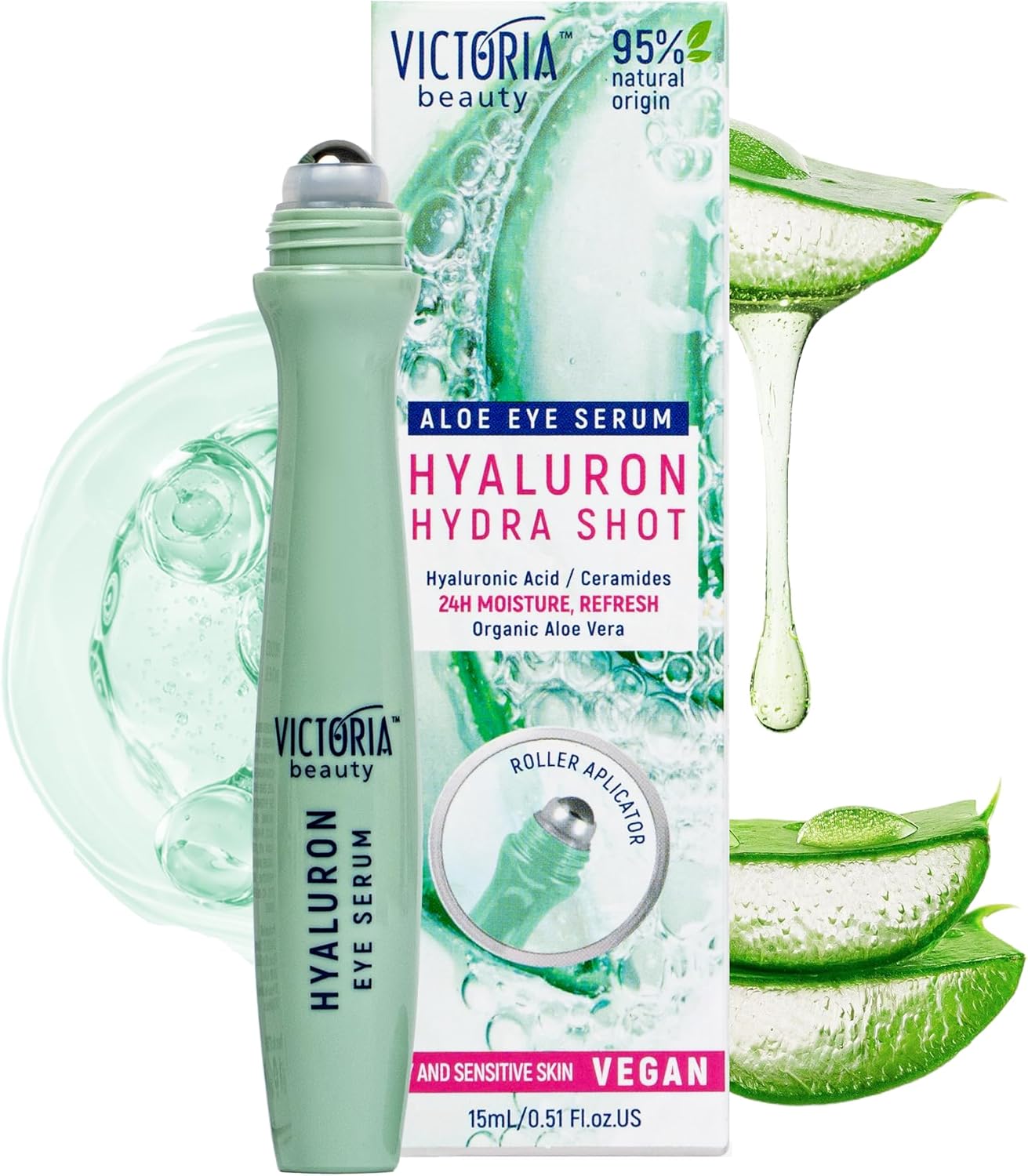 Hyaluron Ogen Roll On verkoelend, ceramide oogserum tegen rimpels en donkere kringen, oogroller met hyaluronzuur, biologische aloë vera en niacanimide, anti-aging oogcrème,