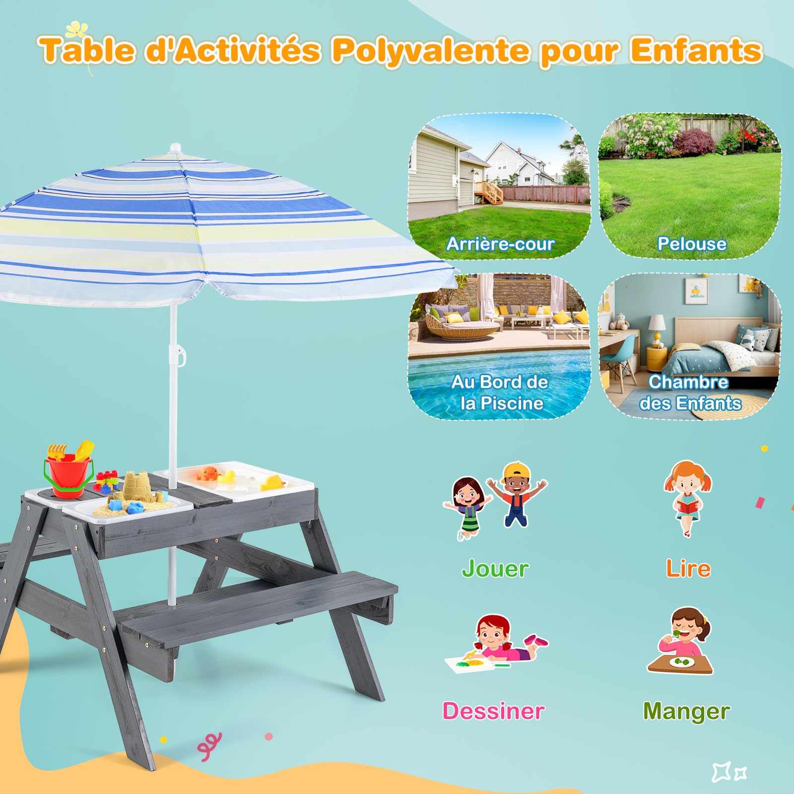 COSTWAY Table de Pique-Nique Enfants avec Parasol Réglable & 3 Bacs Amovible, Table de Jardin Extérieur en Sapin pour Sable et Eau, Charge 100kg pour Enfants de 3 Ans+ pour Jardin Terrasse