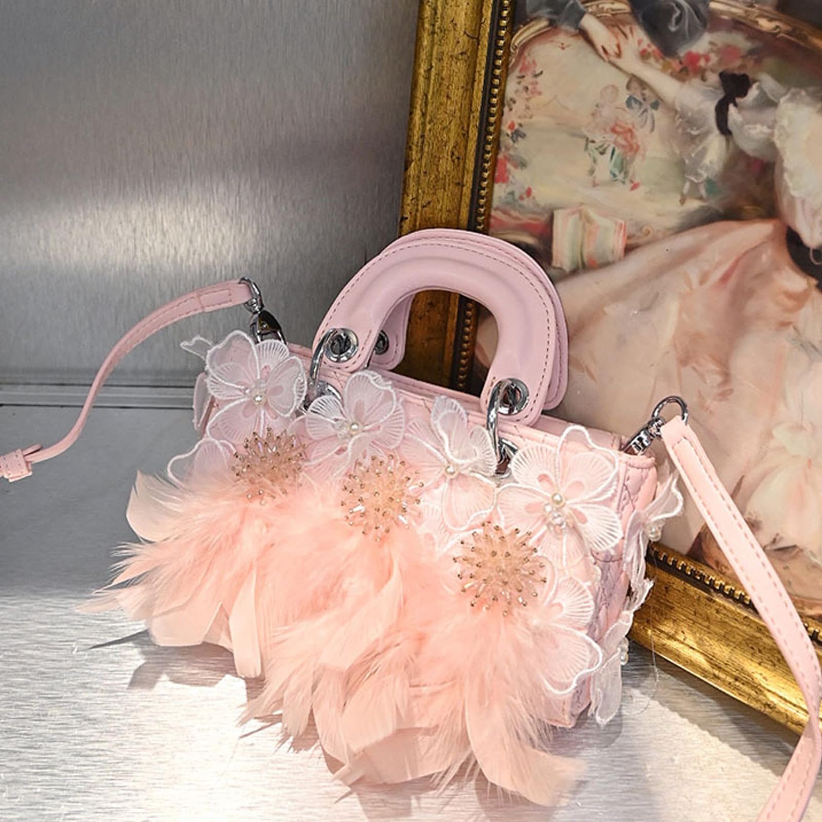 Bolso cruzado de encaje con plumas y cuentas, correa de hombro ajustable, bolso de mano de piel sintética para mujer, fiesta, citas, uso diario, bolsa cuadrada con correa ajustable