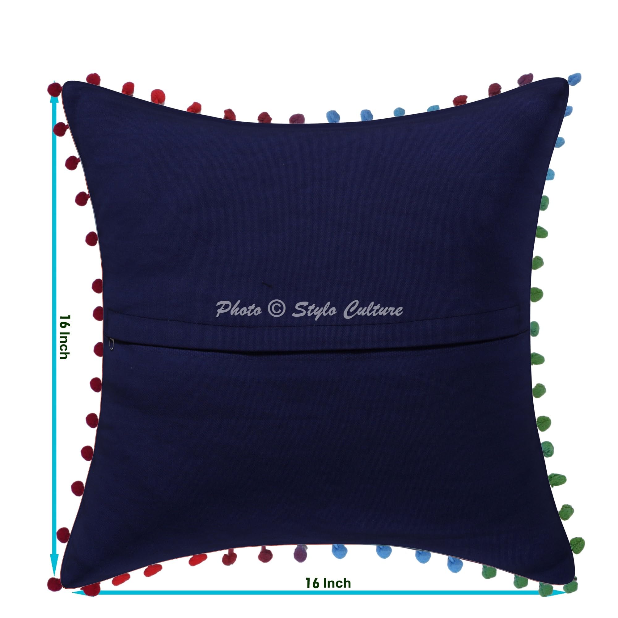 Ethnisch Dekorativ Baumwolle Sofa Kissenbezüge 40x40 cm Dunkelblau Dekokissen Suzani Bestickte Pom Pom Spitze Wohnzimmer Couch Kissenhullen Blumen Quadrat Kissen Bezüge - 4 STK.