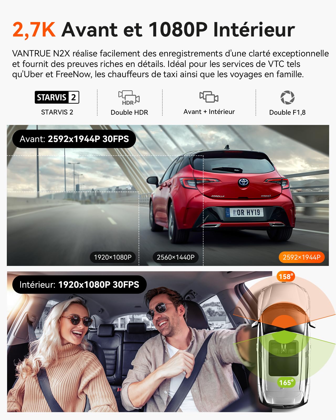 VANTRUE N2X 2.7K+1080P Dashcam Voiture Avant Intérieur, STARVIS 2 Double HDR Camera Embarquée Infrarouge, Support LTE, 5GHz WiFi GPS, APP & Commande Vocale Français, 24/7 Mode Parking, Max 512Go