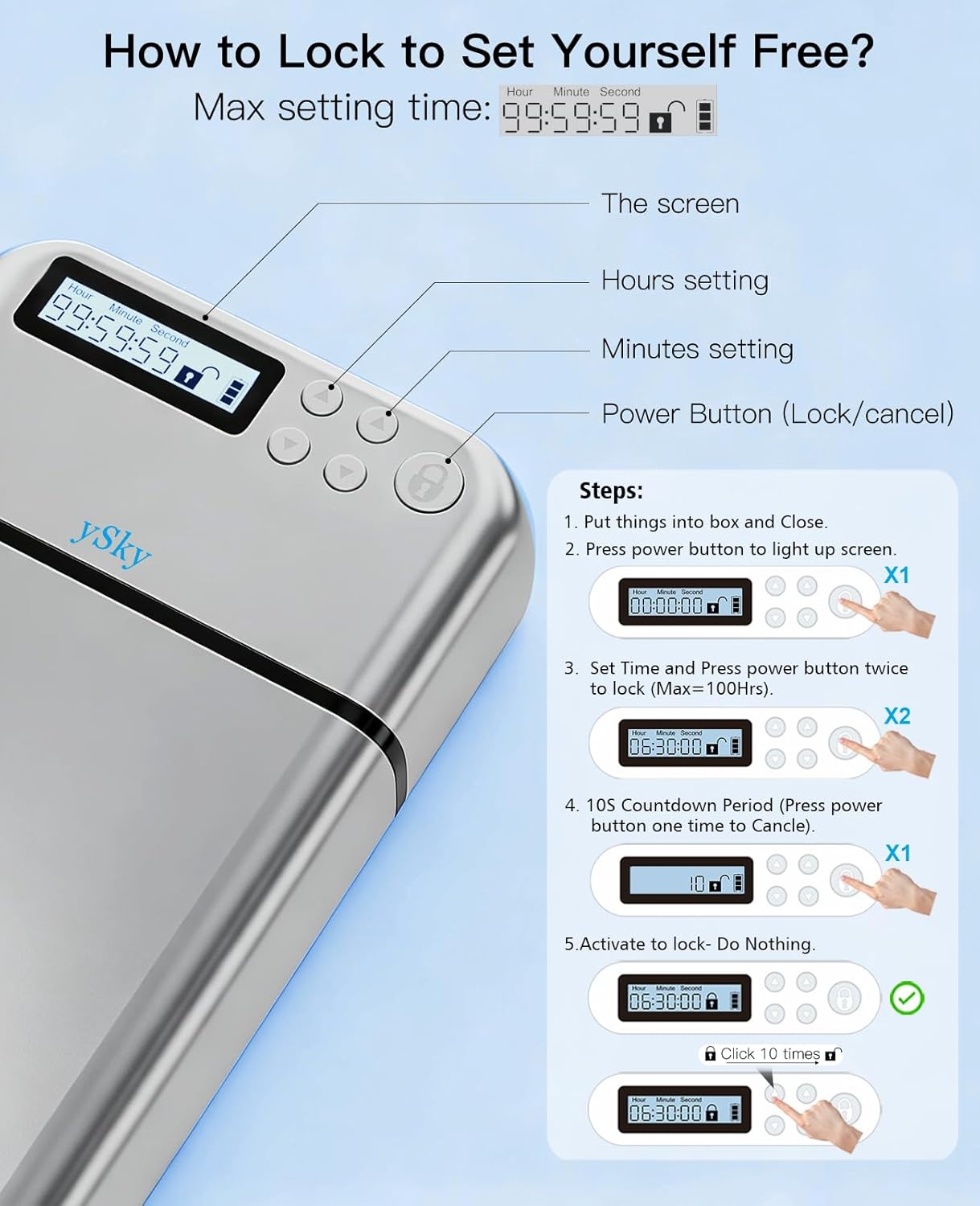 ySky Metal Phone Lock Box with Timer,Portable Timed Phone Lock Box for iPhone and Android Phones, Self-Control Timer Phone Locker to Help Kids,Students,Focus Back, Phone Jail Box(Grey)