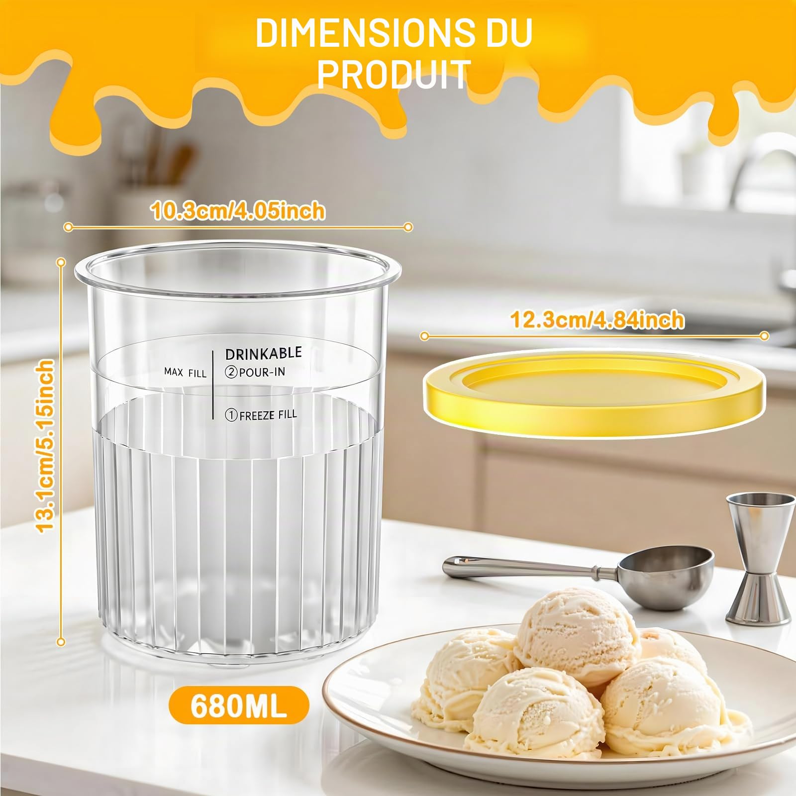Kssvzz Lot de 4 Pots pour Ninja Creamy Deluxe, 680ML Bacs Compatible avec Ninja NC501/NC500 Series, Accessoires pour Machine à Glace avec Cuillère en Aluminium, Lave-Vaisselle, sans BPA