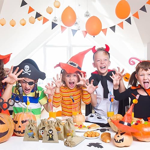 Miniatura 5 de LOKIPA Paquete de 24 bolsas de regalo de arpillera de Halloween con cordón pequeñas bolsas de yute para niños y adultos, suministros de fiesta