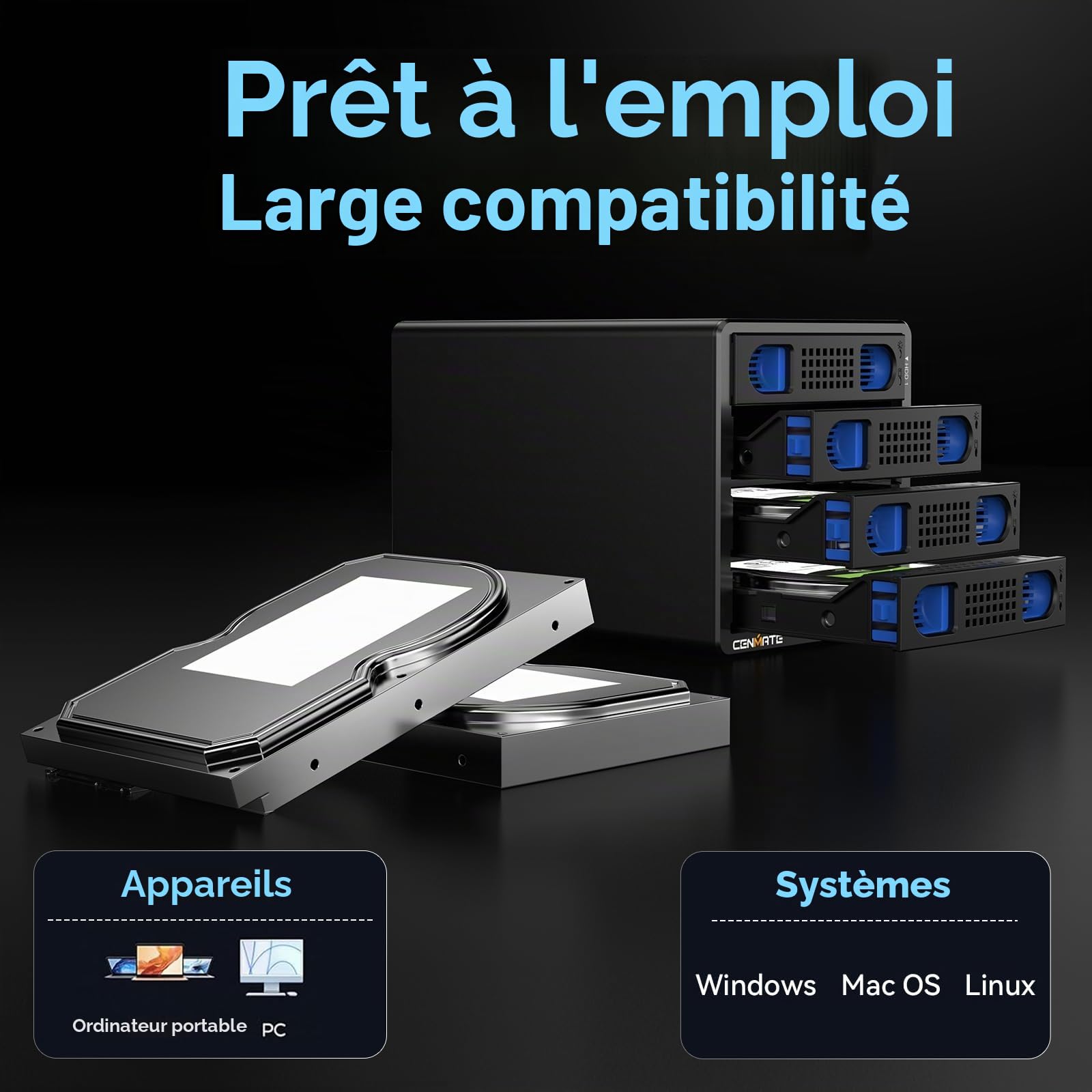 Boîtier Raid, CENMATE Boîtier de Disque Dur 4 Baies pour 2,5/3,5 SATA HDD/SSD avec Câble USB A/C 3.0, Boîtier de Disque Dur Externe Compatible avec Une Capacité de 80To, 8 Modes