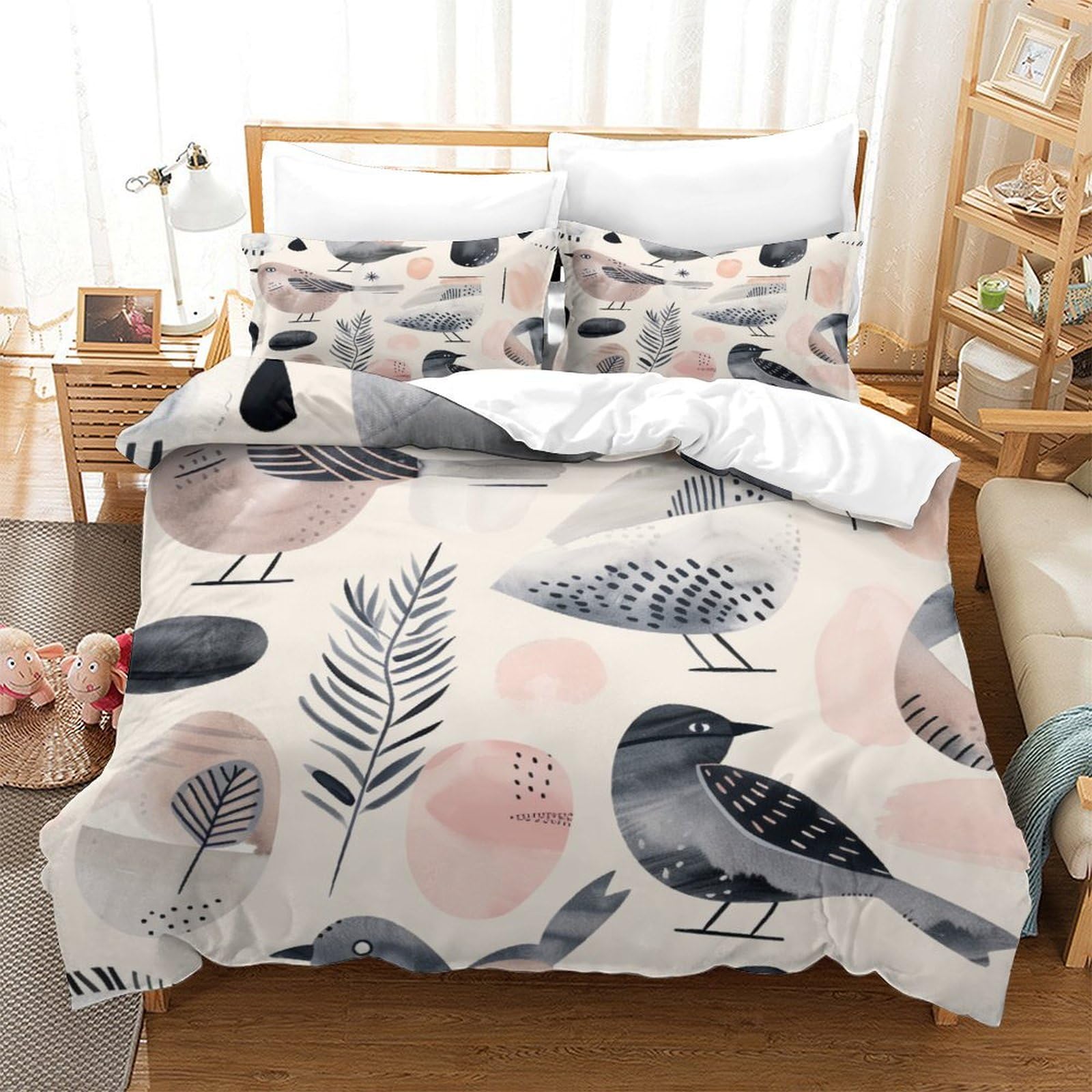 P1S9U7W5Y Nordic Bird 3D Printed Duvet Cover Set 3pcs Microfiber Leaves Pattern 3D Bedding Set King（220x240cm）