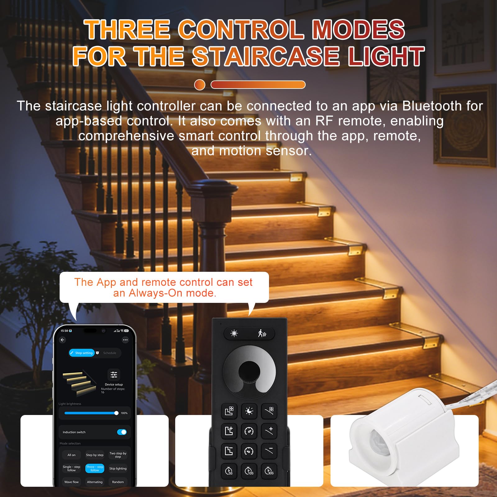 Intelligente Treppenbeleuchtung 16 Stufen Warmweiß 3000K | Bewegungsmelder Treppenlicht mit App & RF-Fernbedienung, Bluetooth Smart Stair Light, COB LED Streifen Indoor