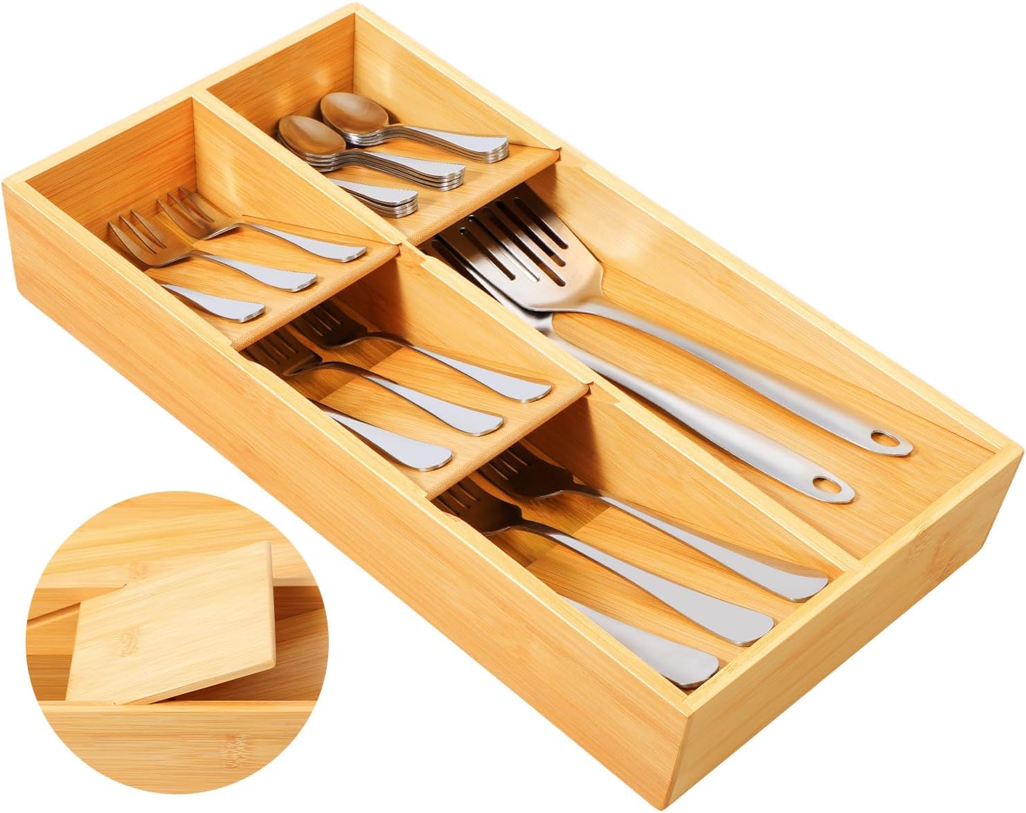 Bamboo Silverware Drawer Organizer, Removable Dividers Kitchen Utensil Drawer Organizer for Different Dimension Flatware, Spoons, Forks, Knives (Natural, 5 Slots)