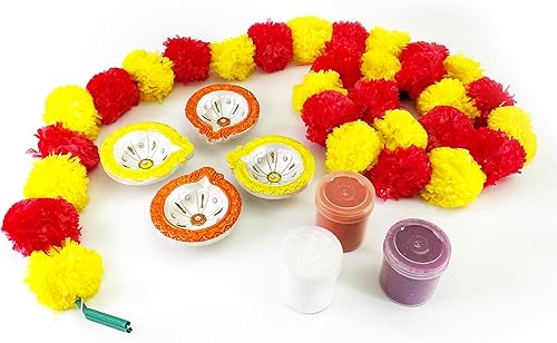 KSJONE Akhand Diya con guirnalda de caléndula para puerta y 3 colores Rangoli decorativa hecha a mano de terracota decorativa con mechas de algodón