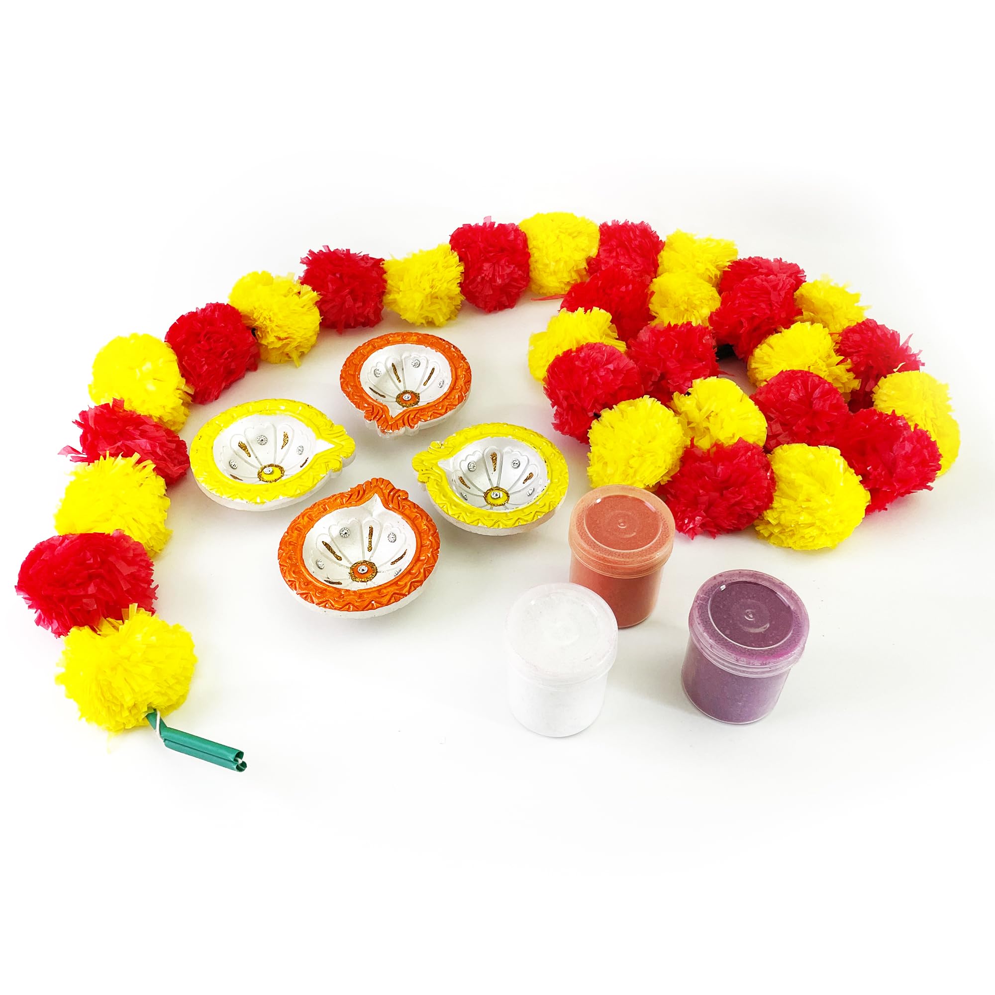 KSJONE 4 Pcs Akhand Diya with Marigold Garland for Door and 3 Rangoli Colours Decorative Handmade Terracotta Decorative Diya with Cotton Wicks for Diwali Decoration Diya for Diwali Puja