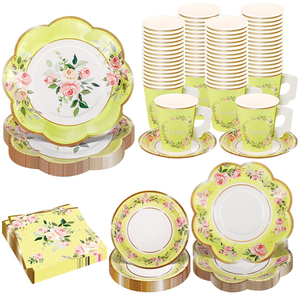 TWOWYHI 136Pcs Floral Tea Party Supplies for 25 Floral Tea Cups with Handle 9” 7” Paper Plates Disposable Flower Cups and Saucers Sets for Gartden