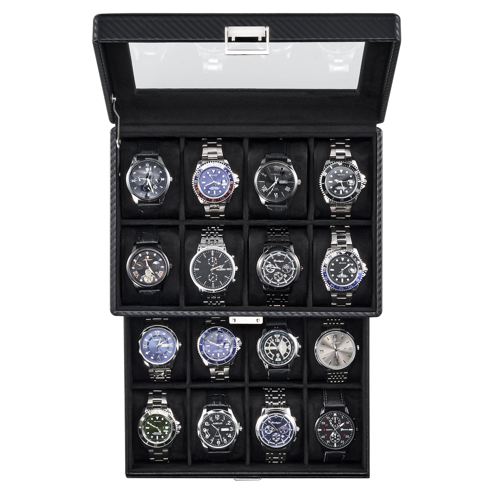 HVMBEUGOS Watch Box for Men, Jewelry Organizer Box with Drawer, Display Storage Case with Glass Lid -Allblack, 16 Slot