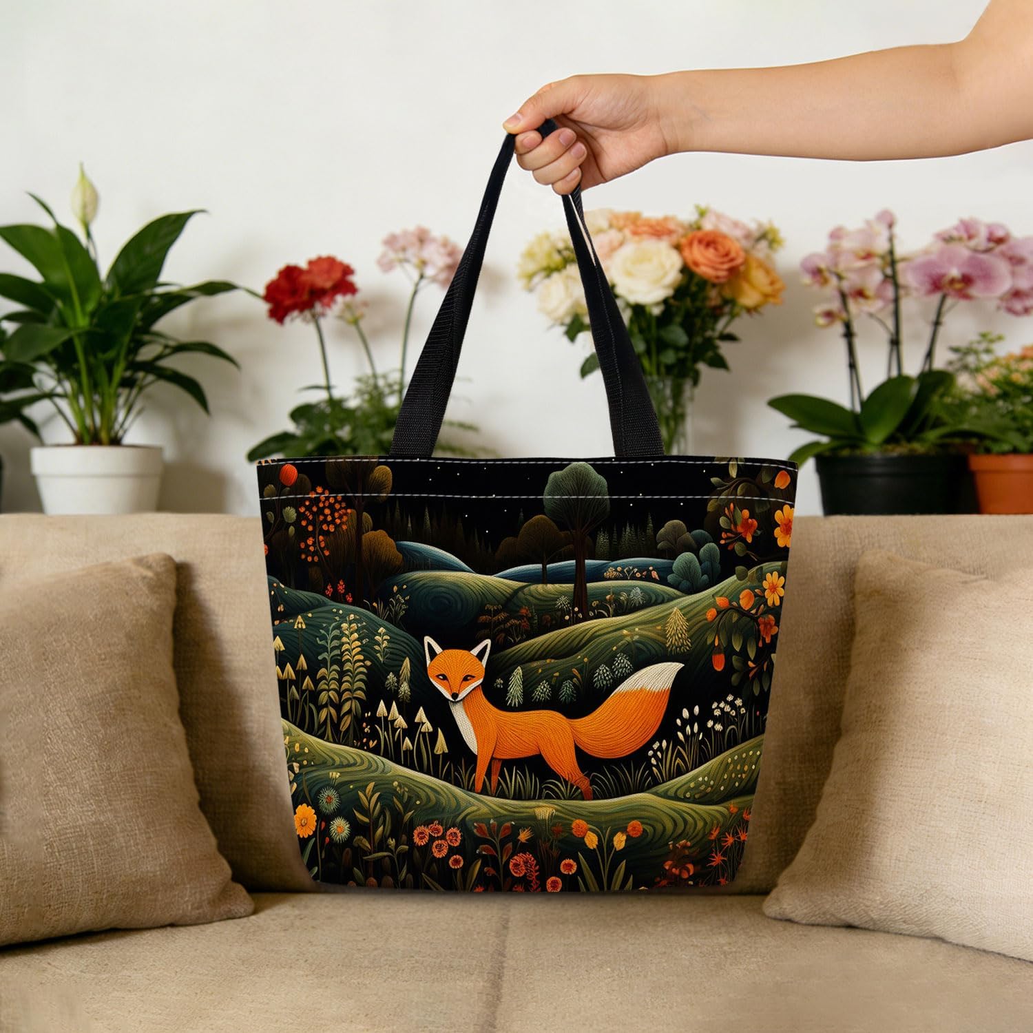 Cartoon Fox Tote Bag Reusable Grocery Bags Cute Aesthetic Shopping Shoulder Handbag with Interior Zipper Pocket Lightweight & Washable Stylish Cartoon Fox Present for Women - Image 3