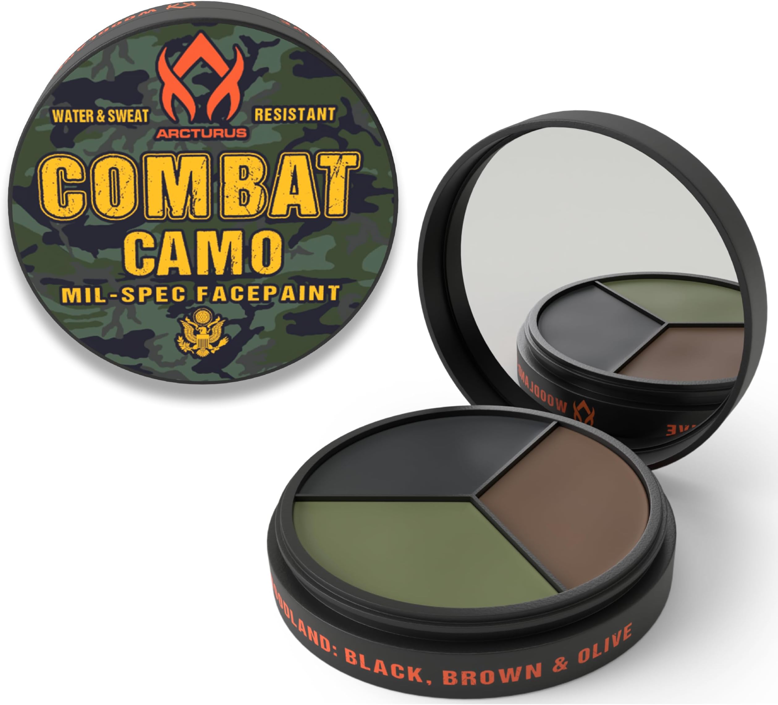 3-Color Camo Face Paint - Water & Sweat Resistant - Built-in Mirror for Easy Field Application