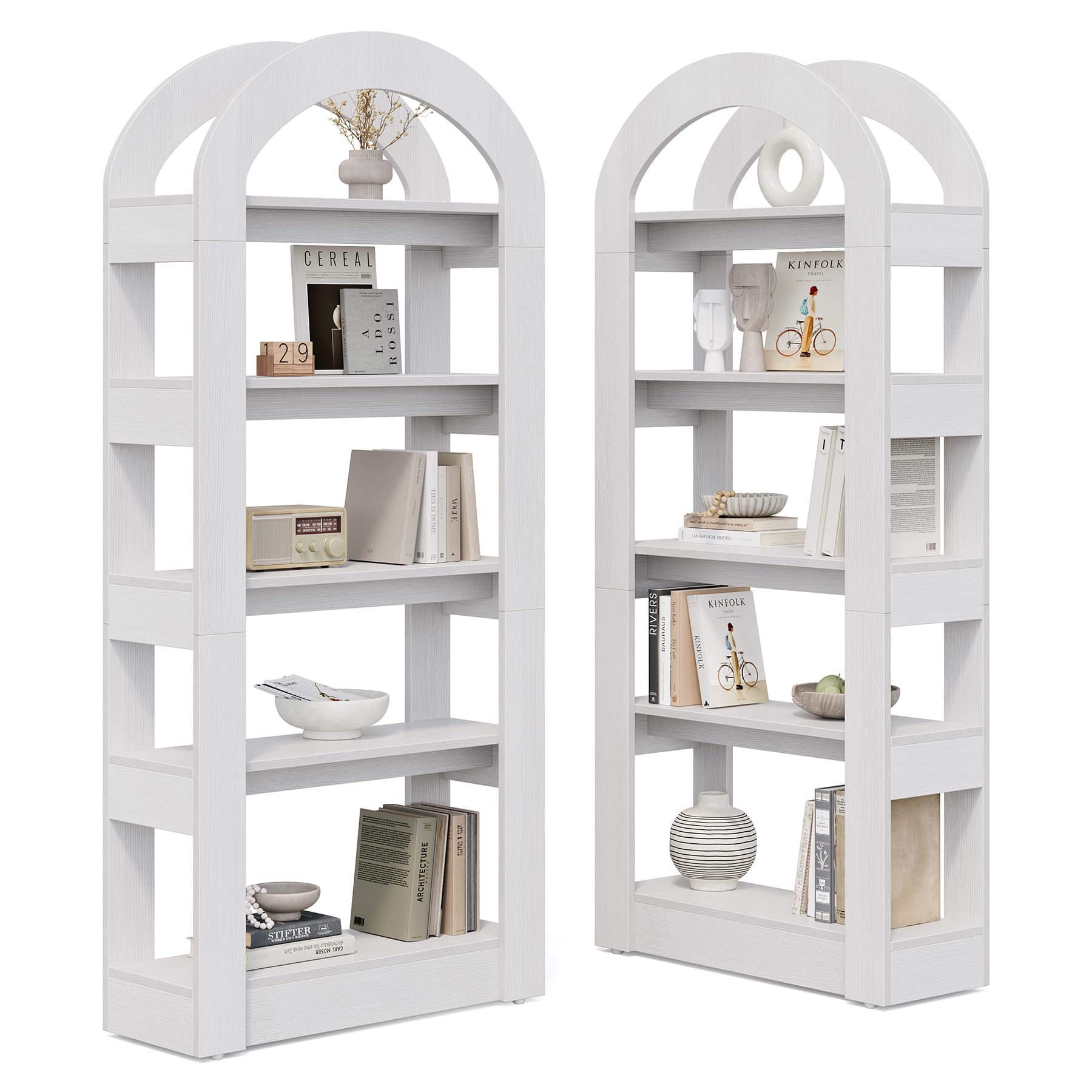 LITTLE TREE 5-Tier Bookshelf, Arch-Shaped Racks, Tall Standing Wooden Bookcase Display Shelf Modern Storage Solution (2, White)