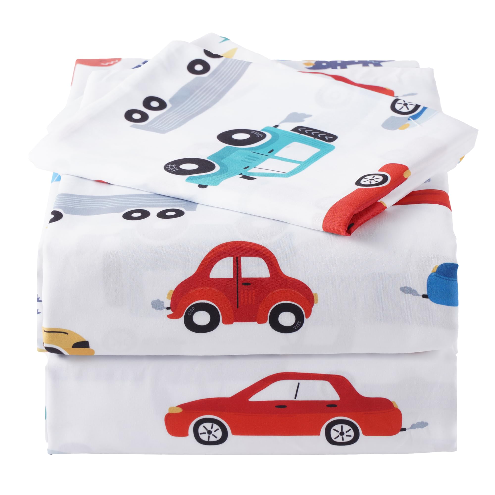 - 3 Pieces Boys Twin Sheets Set - Soft Microfiber Fitted Flat Sheets & Pillowcase - Cars Print Bedding Sets for Kids & Toddlers