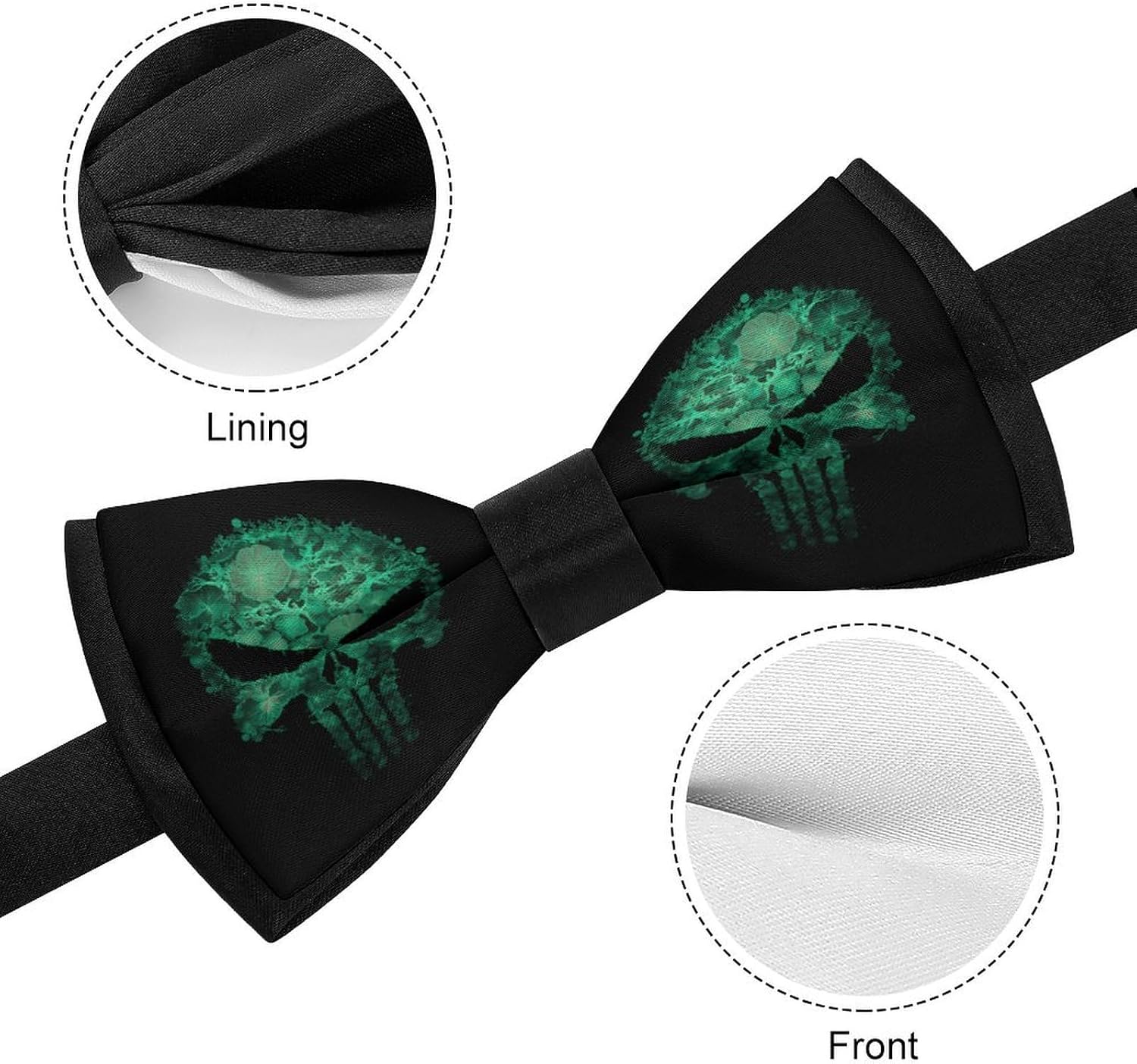 Green Punish1 Skull Novelty Men's Bow Tie Pre-tied Adjustable Bowtie Accessories for Wedding Party