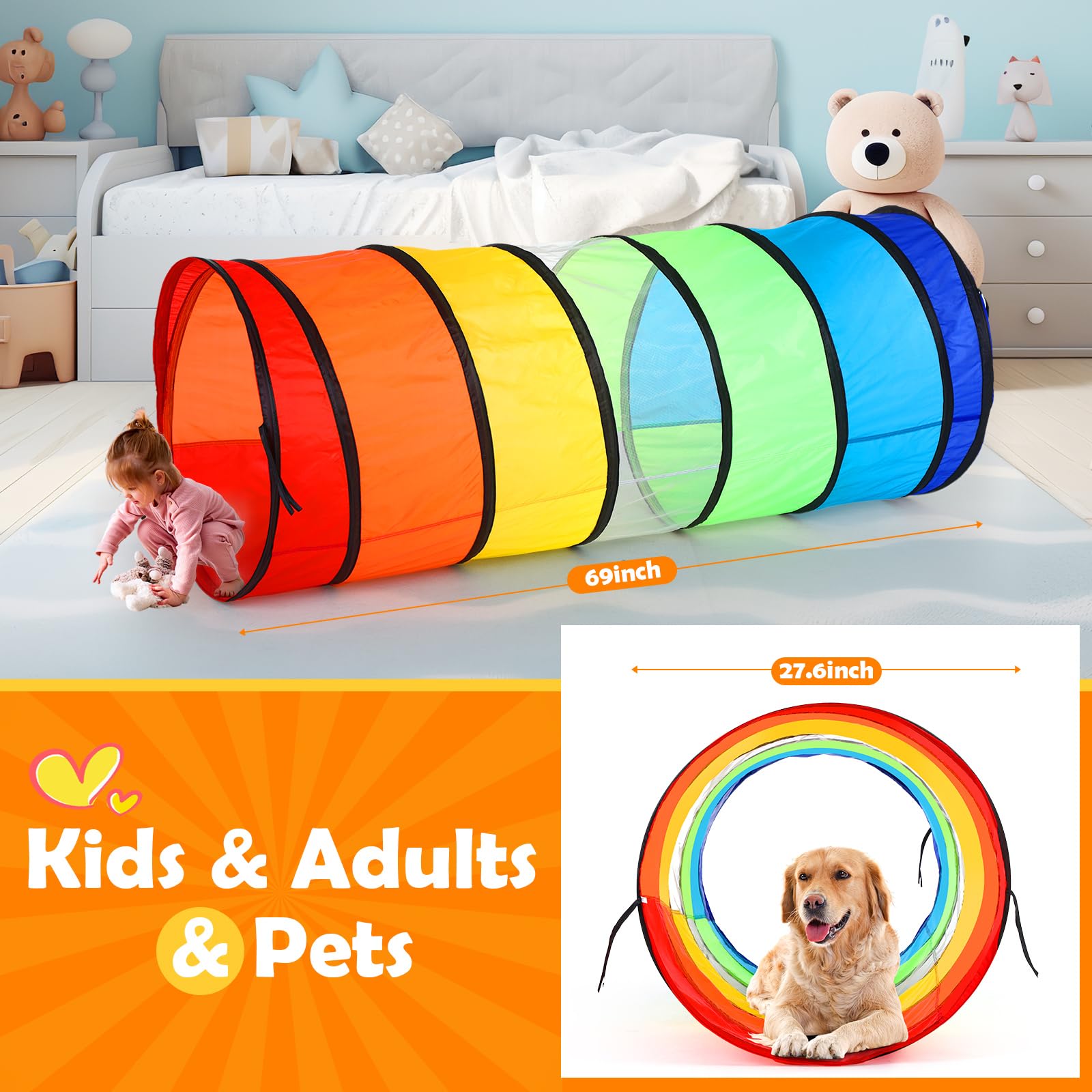 1 túnel de juego gigante de 27.6 pulgadas para niños y perros grandes, juguete colorido para niños pequeños con malla transpirable, tienda de campaña de juguete, regalo para niñas y niños 2