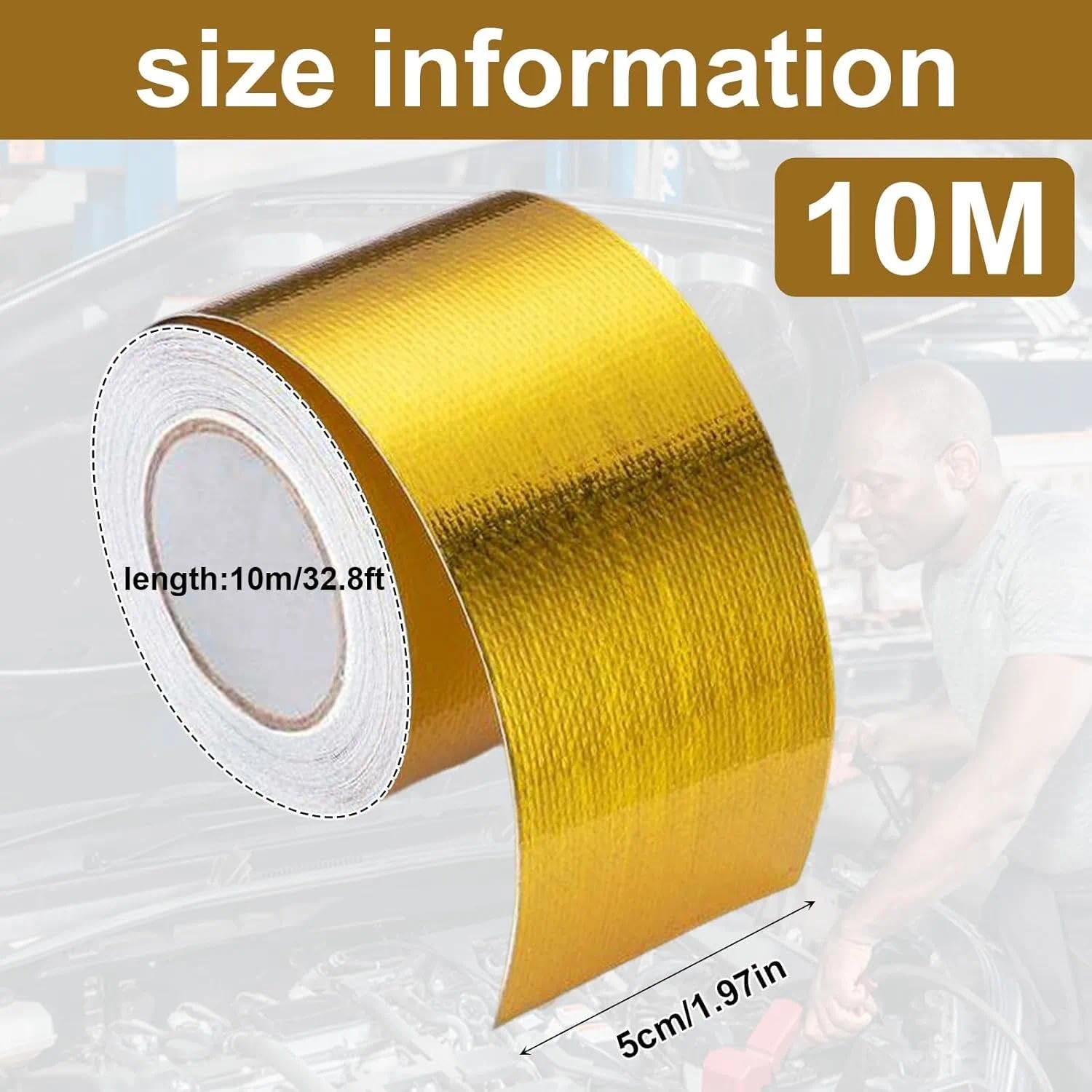 10m x 5cm Cinta Anticalorica Escape Adhesiva Aluminio ,Cinta Aislante Termica Dorada, Cinta Anticalorica Admisión, Cinta de Protección Térmica para Escape Para Auto Coche Motocicleta Pipa de Escape