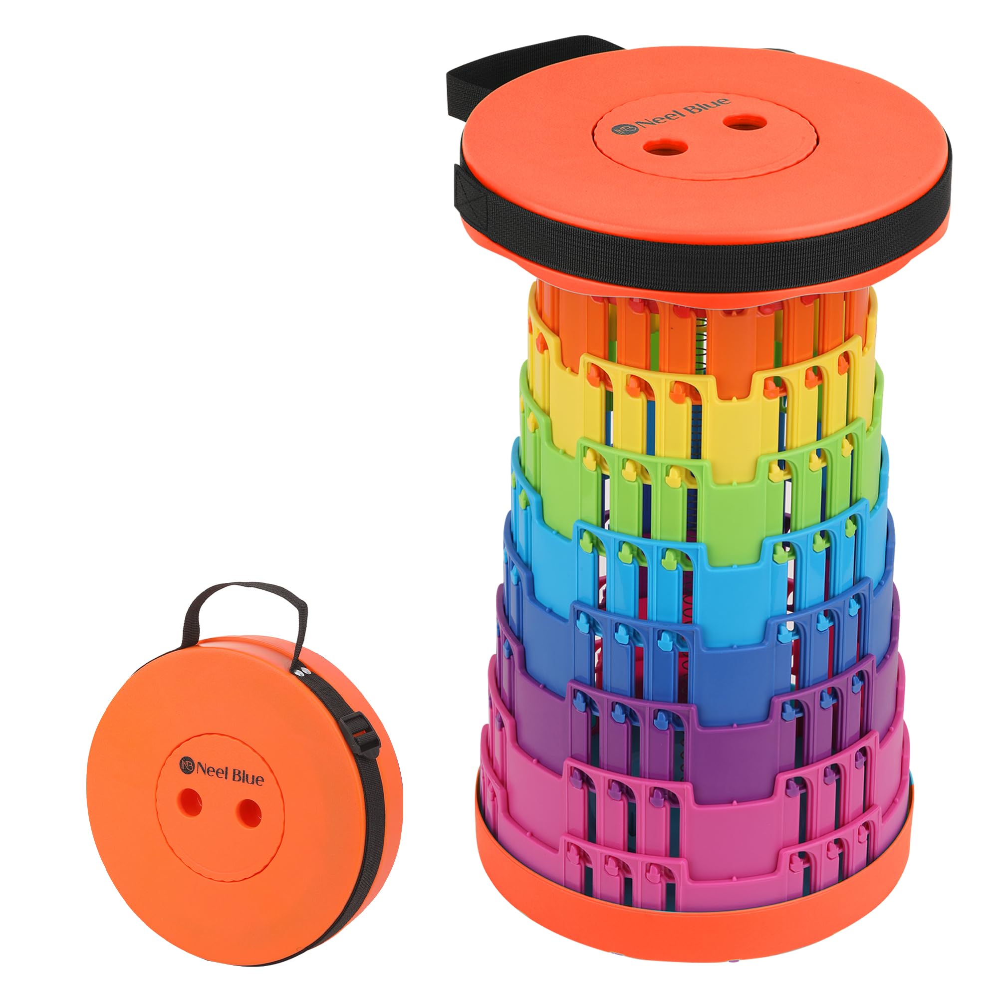 Event Decor Shop Telescopic Foldable Camping Stool High Strength, Collapsible, Adjustable & Retractable Plastic Seat for Indoor & Outdoor - Events and Activities - Rainbow - Orange