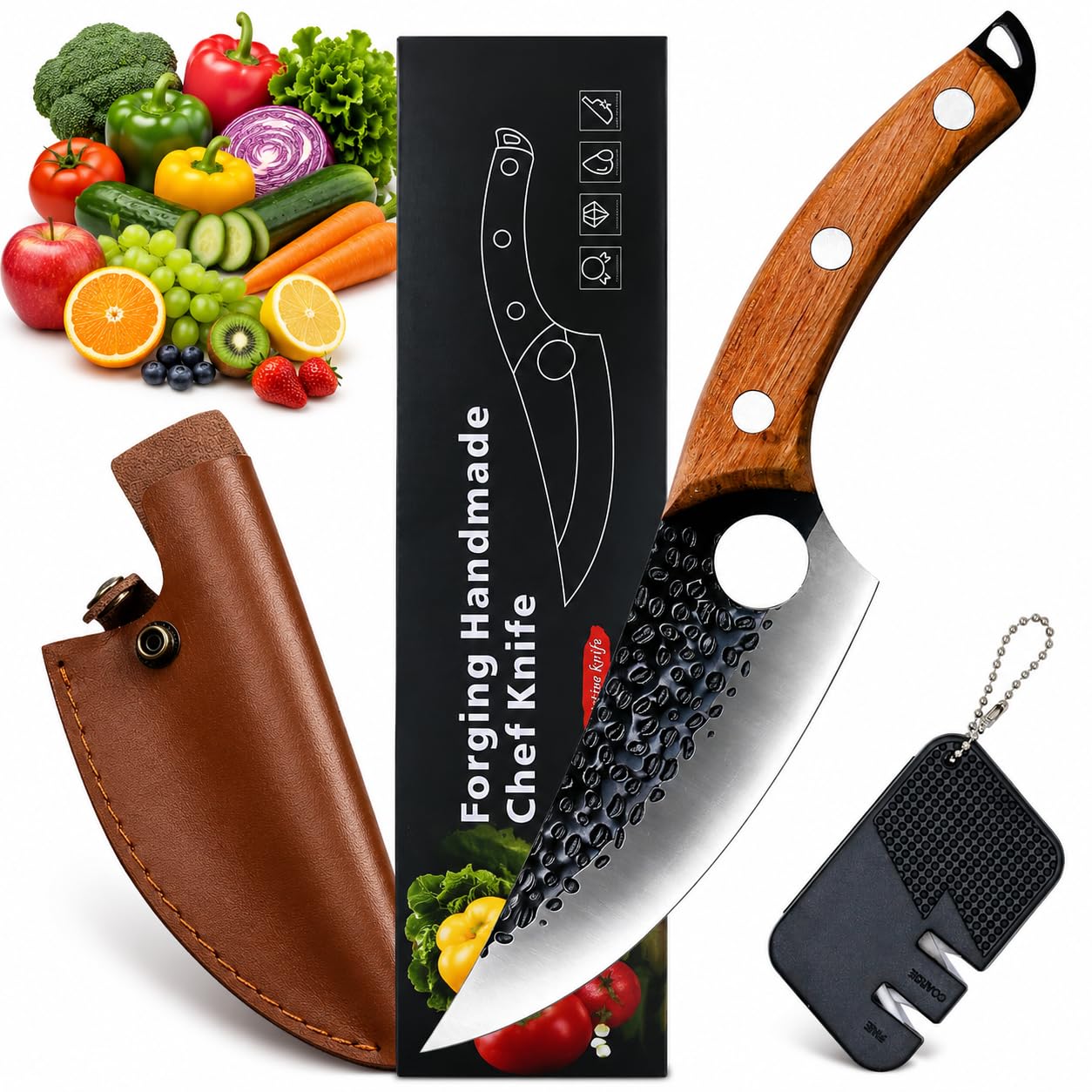 CRENTROVA Hand Forged Boning Chef Knife with Sheath & Pocket Knife Sharpener,Japanese Knife,Ultra Sharp High Carbon Kitchen Knive Cooking Gifts,Ergonomic Handle,Cooking,Carving