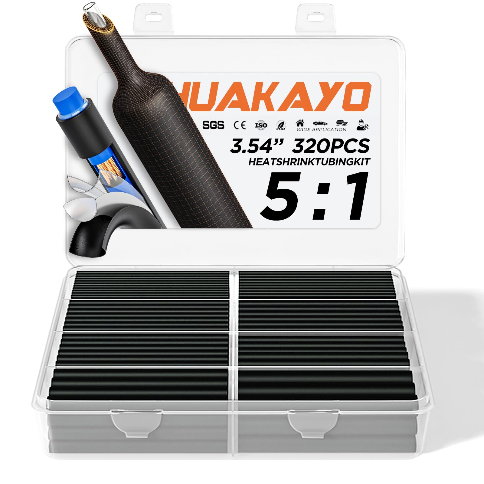 Kit de envoltura termocontraíble 5:1 320 piezas, doble pared impermeable calidad marina con adhesivo interior, envoltura termorretráctil Surtido para cableado automotriz marino, Camping-Car (Onyx)