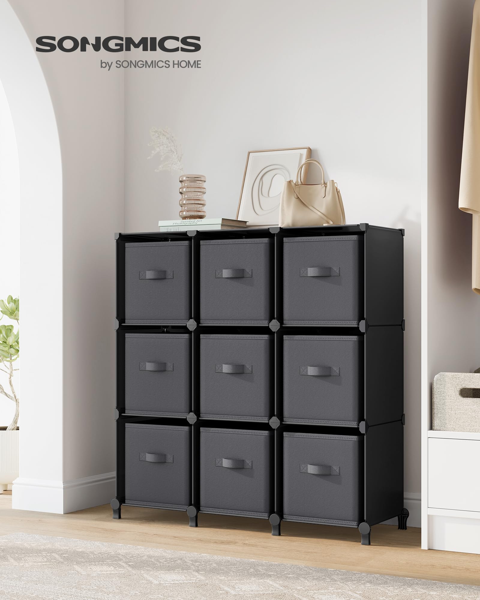 SONGMICS Meuble de Rangement avec Boîtes, Meuble à 9 Cases pour Vêtements, Étagères en Tissu Non-tissés, Personnalisable, Extensible, Gain de Place, Chambre, Noir d'Encre et Gris Tourterelle LPC092B01